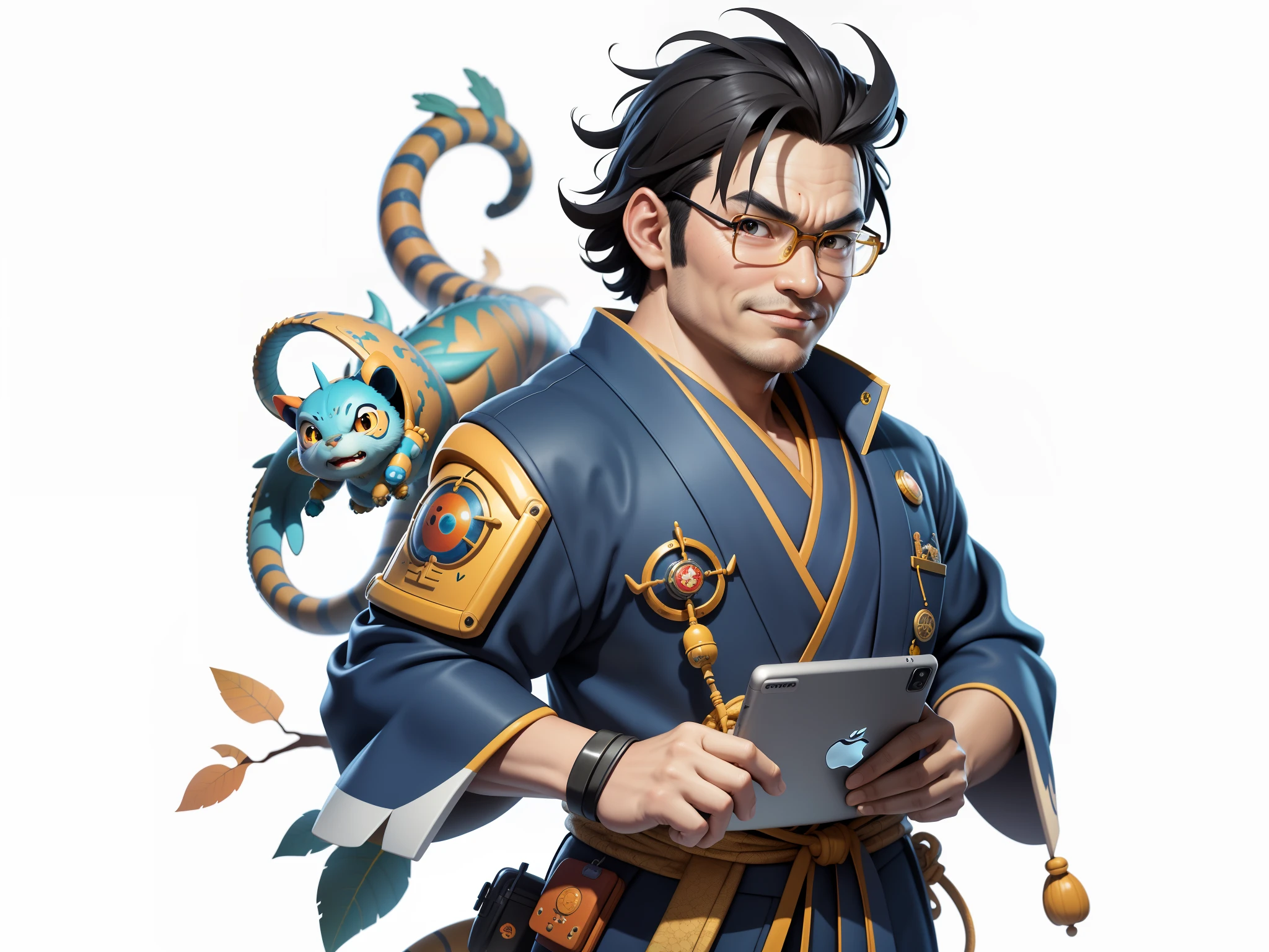 (Masterpiece), (Excellent), (Super Meticulous), (Full Body: 1.2), Super Young Man, Oriental Face, Japanese Kimono, Japanese Wind Thunder God, Dragon, Tiger, TV Anchor, Bust Portrait Illustration, Alone, Black Suit, Blue Tie, Slightly Chubby Face, Very Clean Face, No Beard, Black Super Short Hair, Black Eyes, Confident Smile, 3c Computer Sub-Products, iPad, iPhone, Digital Painting, 3D Character Design by Akira Toriyama and Mark Claireden and Pixar and Hayao Miyazaki, The illustration is a high-definition illustration in 4K resolution with very detailed facial features and cartoon-style visuals.