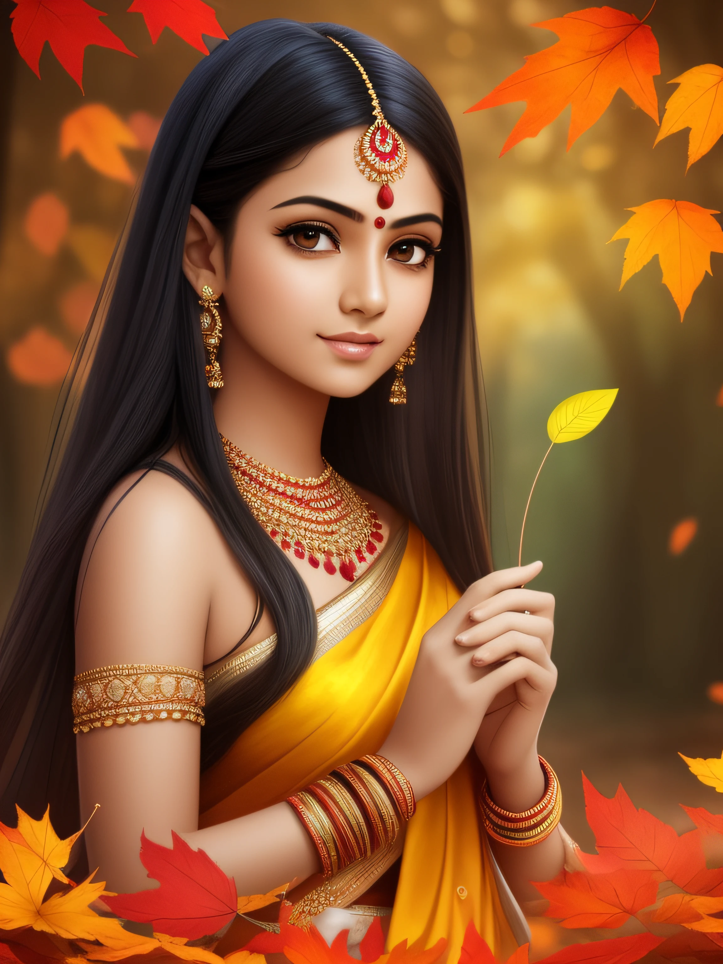 A cute indian girl holding a leaf in the hand,Autumn leaves, beautiful fantasy portrait, beautiful fantasy art portrait, Beautiful surreal portrait, fantasy portrait, fantasy art portrait, detailed matte fantasy portrait, portrait of a dark fantasy nymph, Asian goddess, Beautiful digital artwork, gorgeous digital art,Background dream black surreal beautiful young woman, Fantasy art Behance,Cinematic light and shadow,k hd