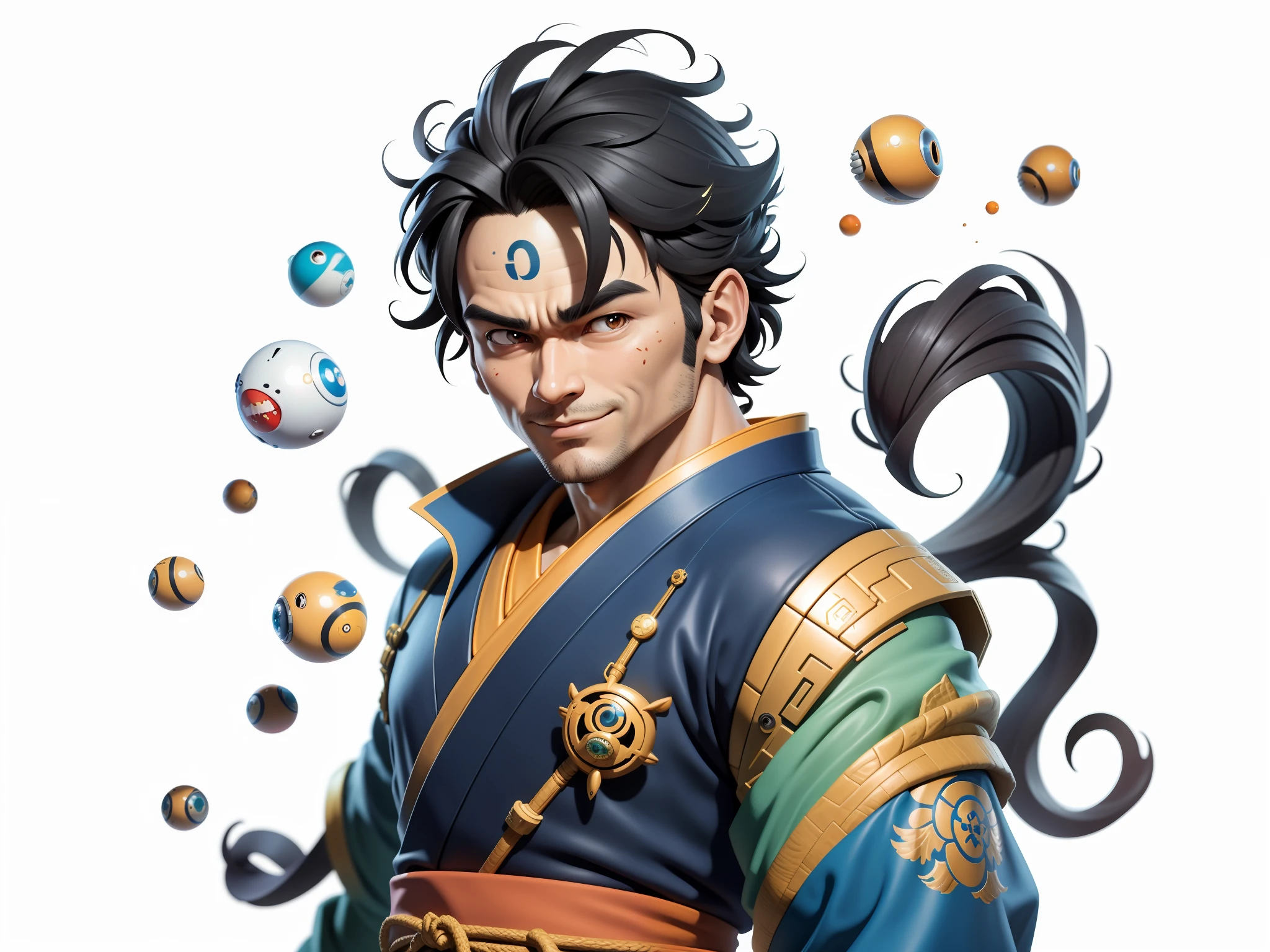 (Masterpiece), (Excellent), (Super Meticulous), (Full Body: 1.2), Super Young Man, Oriental Face, Japanese Kimono, Japanese Wind Thunder God, Dragon, Tiger, TV Anchor, Bust Portrait Illustration, Alone, Black Suit, Blue Tie, Slightly Chubby Face, Very Clean Face, No Beard, Black Super Short Hair, Black Eyes, Confident Smile, 3c Computer Sub-Products, iPad, iPhone, Digital Painting, 3D Character Design by Akira Toriyama and Mark Claireden and Pixar and Hayao Miyazaki, The illustration is a high-definition illustration in 4K resolution with very detailed facial features and cartoon-style visuals.