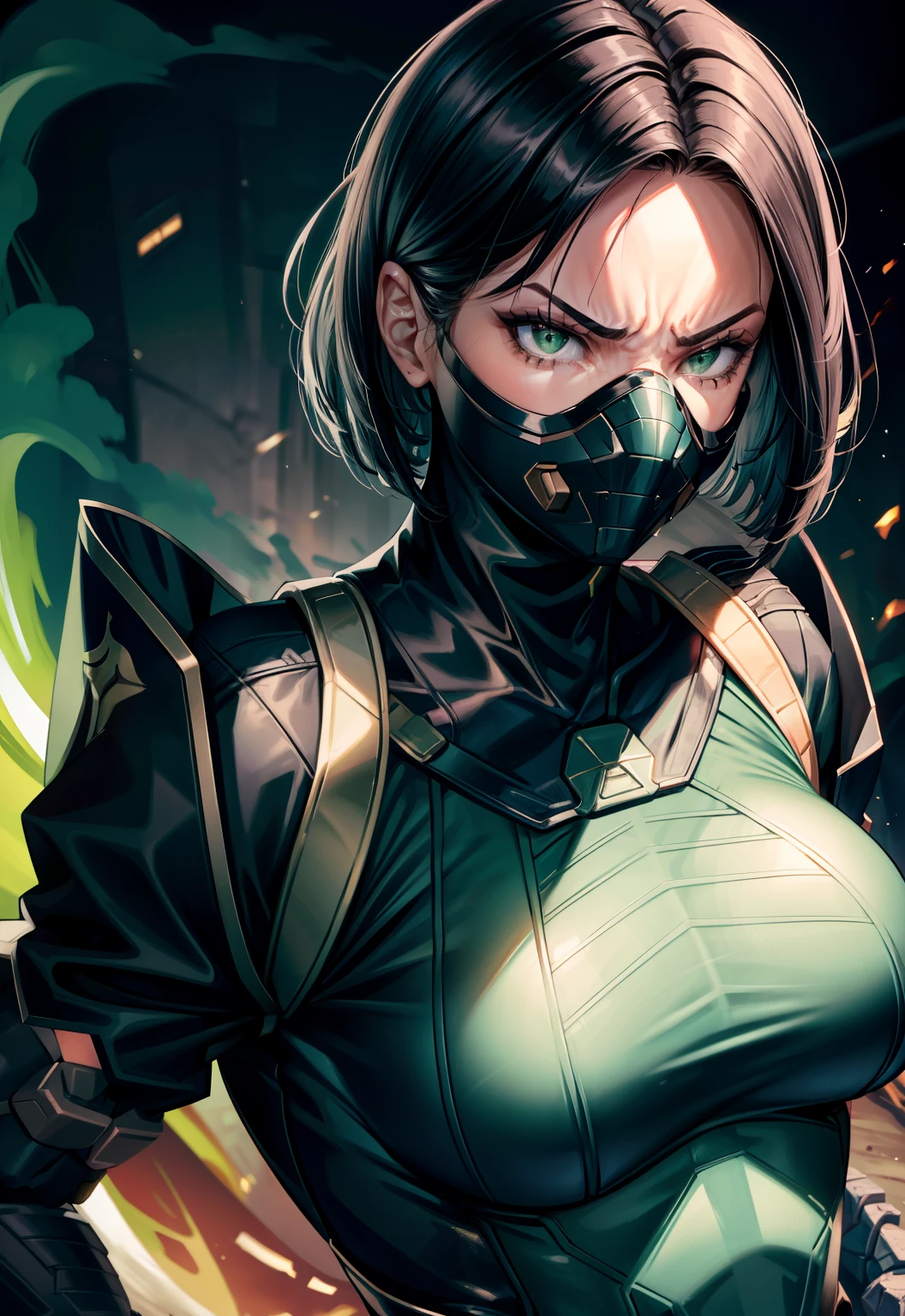 Masterpiece, Best quality,Look at the woman from below ,《Fearless viper》, tightsuit, mitts, belt, thigh boots, respirator, view the viewer, face, Portrait, Close-up, Red-faced,Glowing eyes, green smoke, Black background,huge tit,Raised chest,Close-up of chest,oversized boobs,chest focus,Woman in a swimsuit,angry look,Extremely erotic figure,Staring angrily at the screen,Facing the screen,High-gloss dark style