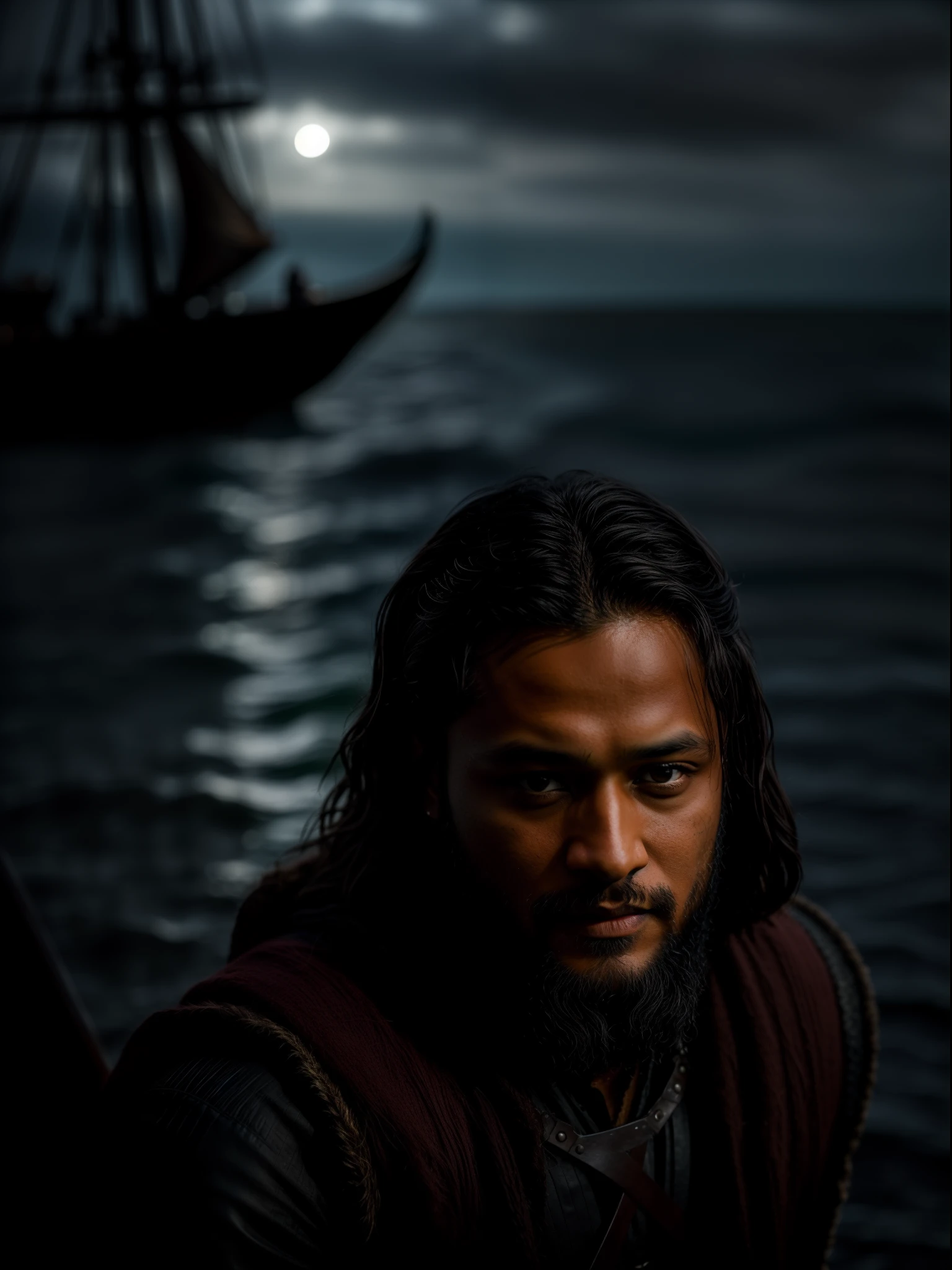 Realistic 8k image of Shakib Al Hasan as Ragnar Lothbrok (with black hair) onboard a viking longship, ((low angle hero shot)), (Upper body closeup), show Shakib Al Hasan as Ragnar navigating treacherous waters, Shakib Al Hasan as Ragnar is navigating his crew, show Shakib Al Hasan commanding the ship crew, this scene will be dark and scary, highlighting Shakib Al Hasan sailing on treacherous waters, dark tones with moonlit seas, dark and intimidating atmosphere like Viking series colour tone, ((sharp focus on portrait)), (balanced composition), high quality and realistic image, cinematic style, ((Best quality, 8k, Masterpiece), rough face, detailed skin, masterpiece, professional photography, (high detail:1 1), natural skin, (detailed face and eyes), (face: 1 2), noise, real photo, film photography, high resolution, 8k, realistic, 8k UHD, SLR camera, high quality, film grain, (Fujifilm X-T20, Fujifilm Fujinon XF 50mm f/2 R WR lens, Lens focal Length 50mm, Shutter speed 1/300 sec, APERTURE: 2, ISO: 80), volumetric lighting, dark background, dark fantasy, highly detailed, sharp focus, shallow depth of field, bokeh, blurry background, high contrast, contrast lighting, (dim colours), exposure blend, (dusty:1.3)