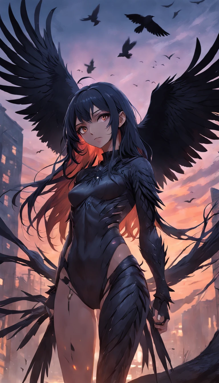 Masterpiece, Best Quality, filmstill, 1girl, monstergirl, Crow Woman, full - body, Portrait, Detailed (eyes), Long (Hair), the perfect body, proportional body, crow|Raven Wings, A Deep Look, wearing (Top & Pants), a closeup of a, Cool soft lighting, Sunset, (aura:0.7)