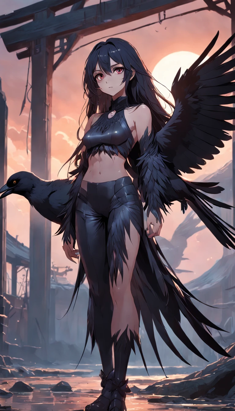 Masterpiece, Best Quality, filmstill, 1girl, monstergirl, Crow Woman, full - body, Portrait, Detailed (eyes), Long (Hair), the perfect body, proportional body, crow|Raven Wings, A Deep Look, wearing (Top & Pants), a closeup of a,  Cool soft lighting, Sunset, (aura:0.7)