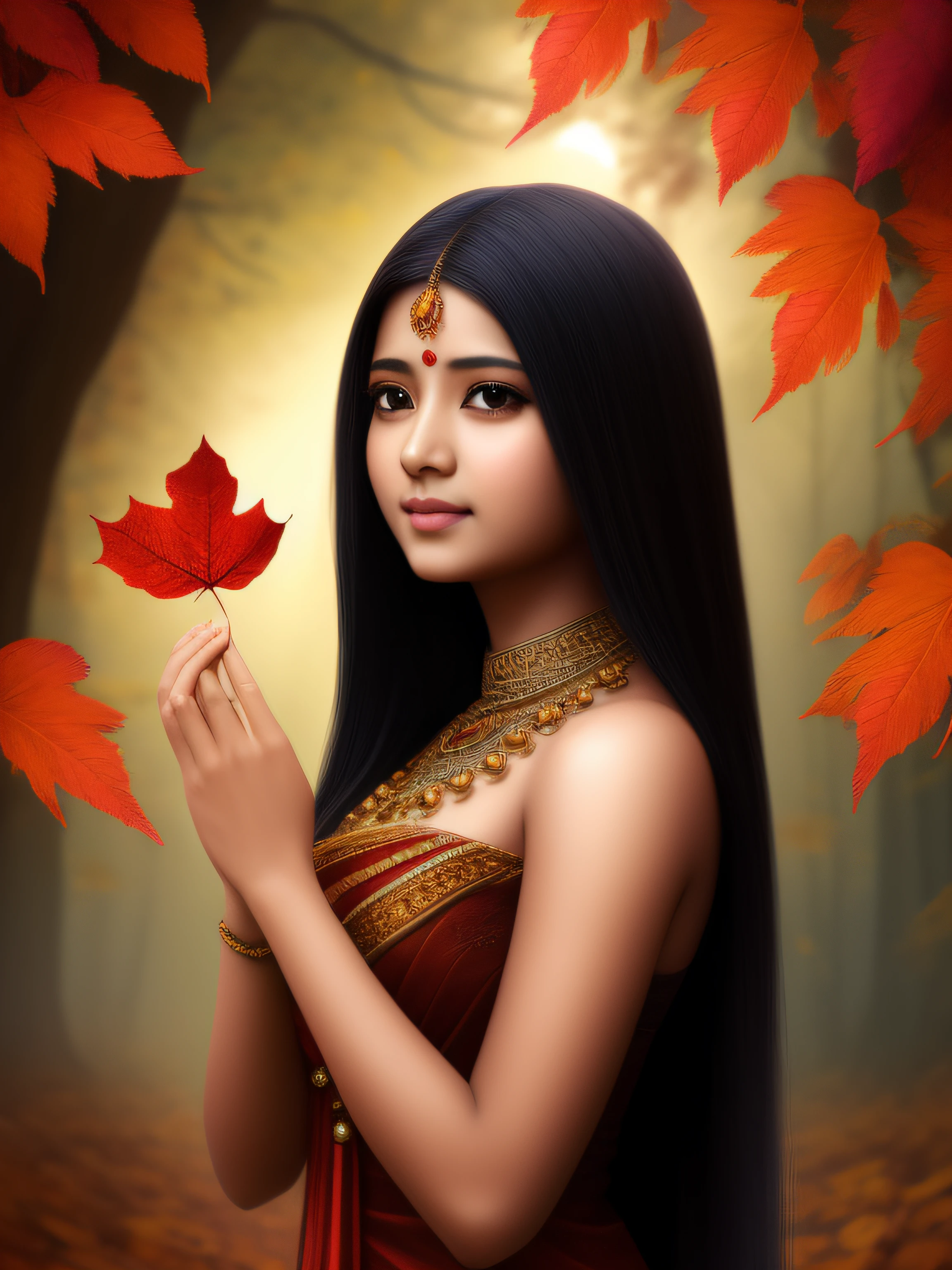 A cute indian girl holding a leaf in the hand,Autumn leaves, beautiful fantasy portrait, beautiful fantasy art portrait, Beautiful surreal portrait, fantasy portrait, fantasy art portrait, detailed matte fantasy portrait, portrait of a dark fantasy nymph, Asian goddess, Beautiful digital artwork, gorgeous digital art,Background dream black surreal beautiful young woman, Fantasy art Behance,Cinematic light and shadow,k hd