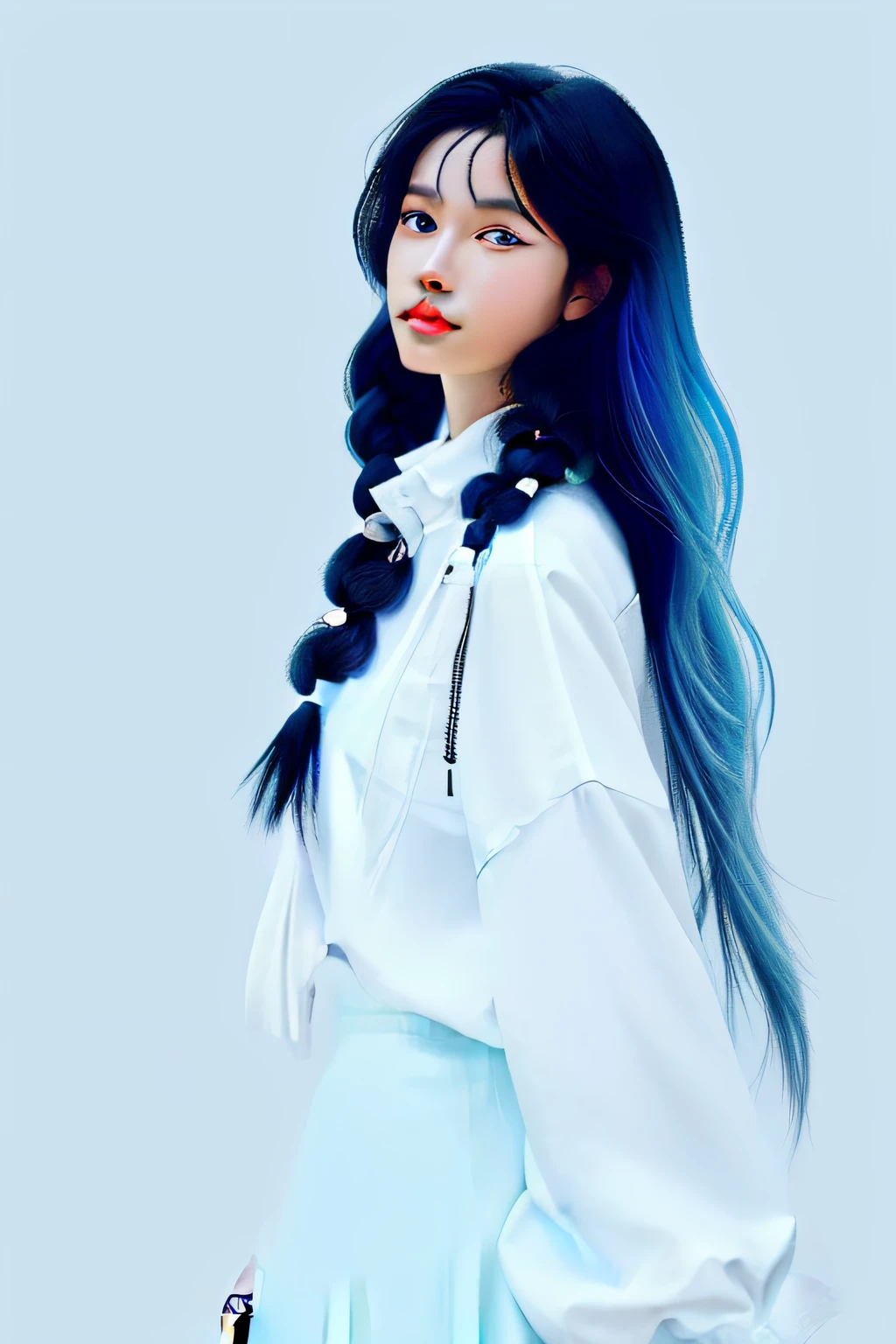 Kizi,long braid,black color hair,White-colored skin,full bodyesbian,a skirt,Blue eyes,hair bobbles,high detail,beachside,Need,tmasterpiece