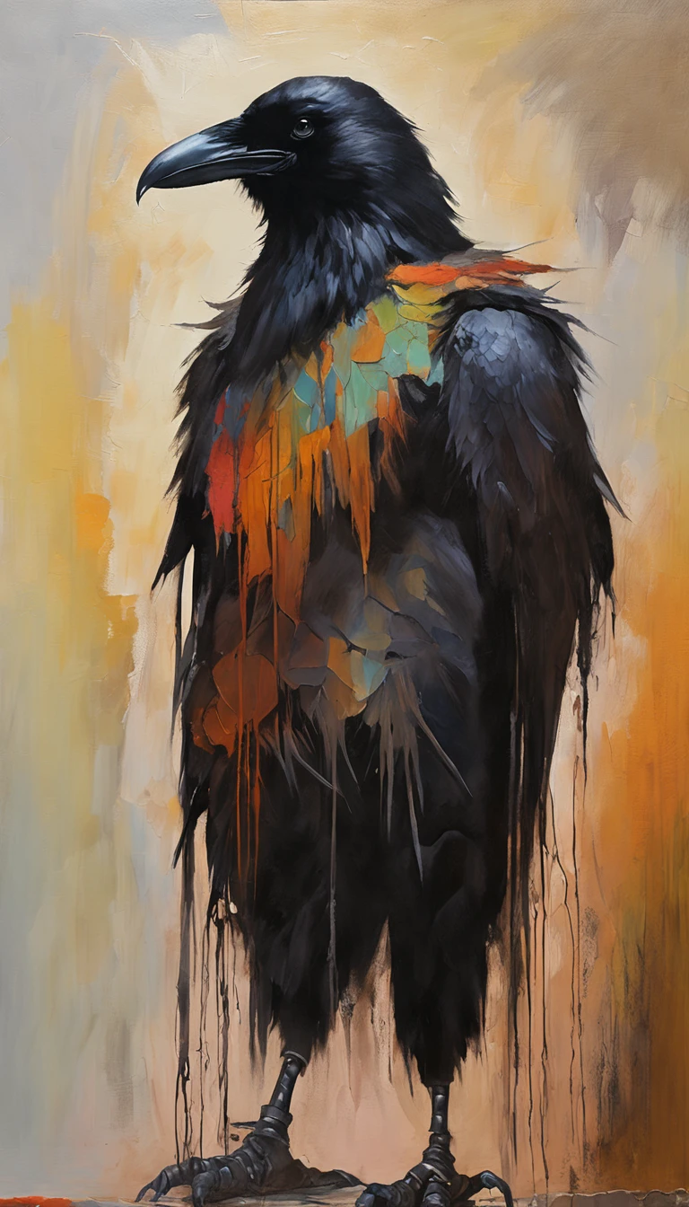 Masterpiece, Best Quality, filmstill, 1girl, monstergirl, Crow Woman, full - body, Portrait, Detailed (eyes), Long (Hair), the perfect body, proportional body, crow|Raven Wings, A Deep Look, wearing (Top & Pants), a closeup of a, Cool soft lighting, Sunset, (aura:0.7)
