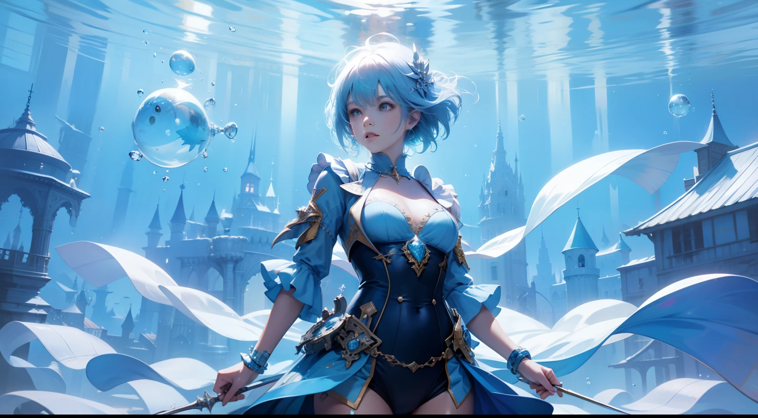 Underwater cities,fantasy castle,airbubble,water bubbles,water ripple,Beams of sunlight