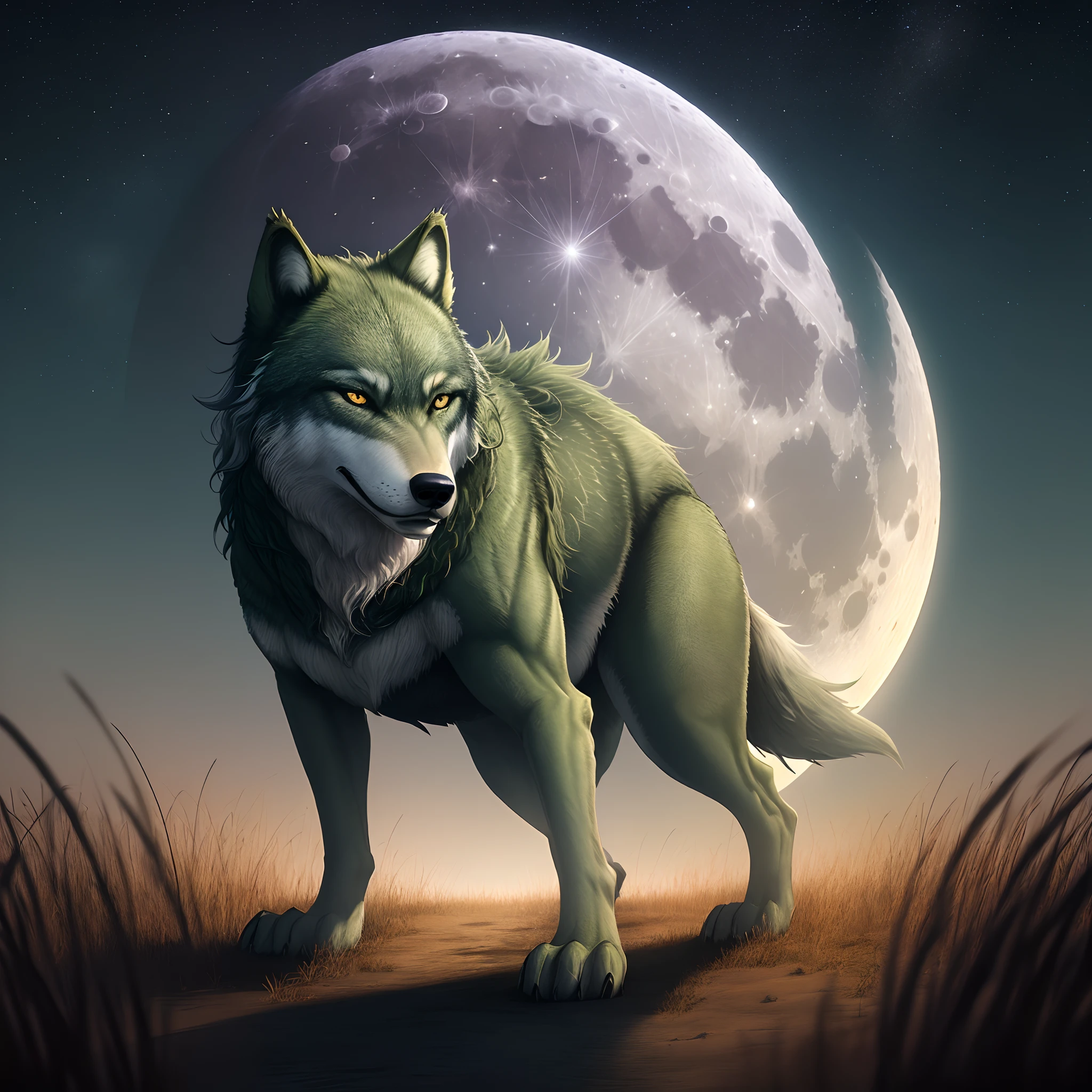 Green wolf background full moon