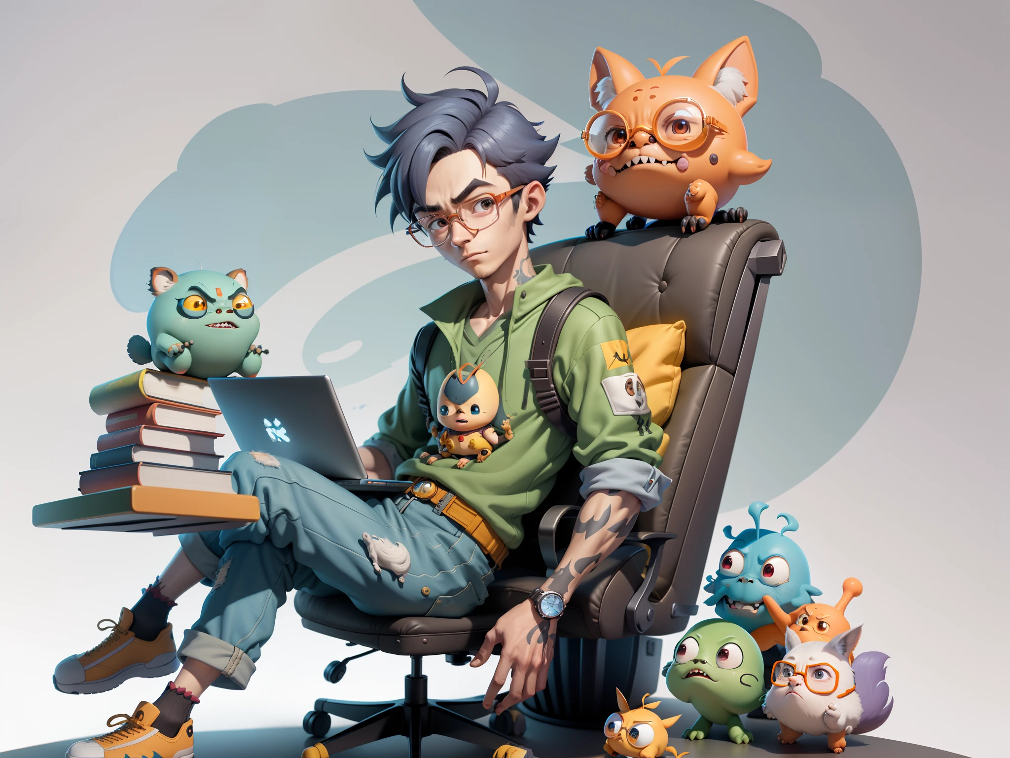 A young man with glasses sits at his desk,holding laptop,digitial painting,3D character design by Mark Clairen and Pixar and Hayao Miyazaki and Akira Toriyama,4K HD illustration,Very detailed facial features and cartoon-style visuals。
