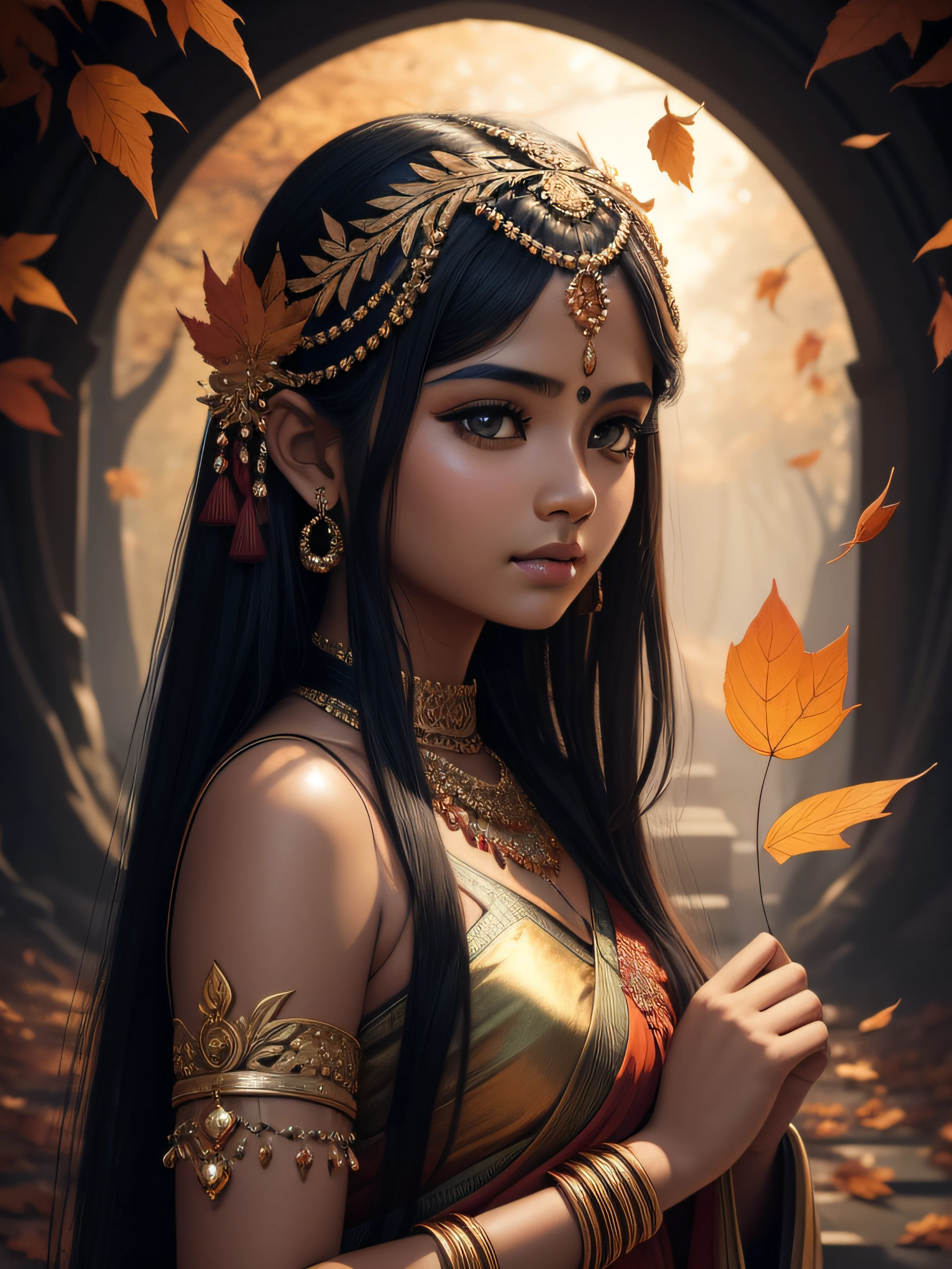 A cute indian girl holding a leaf in the hand,Autumn leaves, beautiful fantasy portrait, beautiful fantasy art portrait, Beautiful surreal portrait, fantasy portrait, fantasy art portrait, detailed matte fantasy portrait, portrait of a dark fantasy nymph, Asian goddess, Beautiful digital artwork, gorgeous digital art,Background dream black surreal beautiful young woman, Fantasy art Behance,Cinematic light and shadow,k hd
