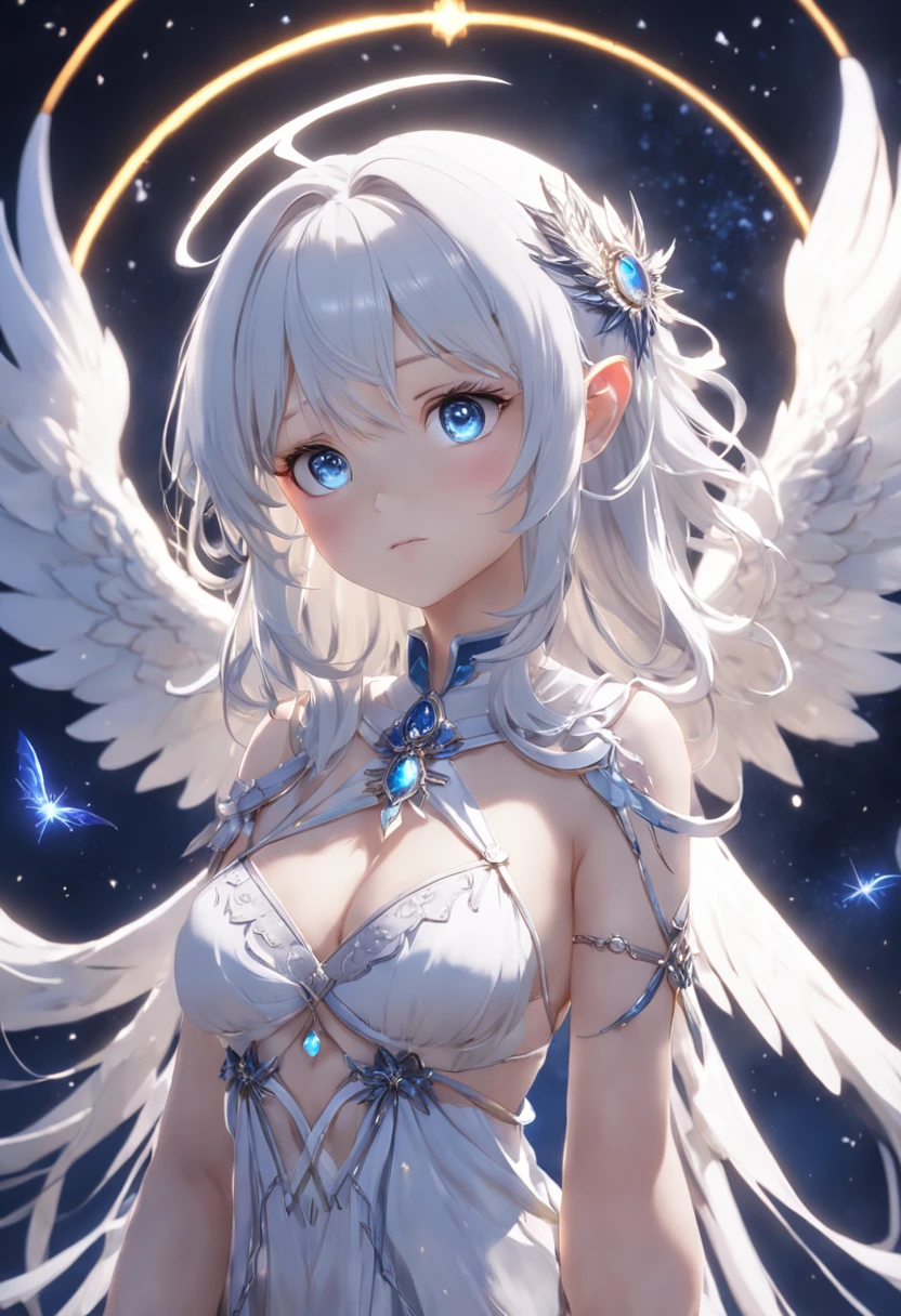 Adorned young goddess of the moon with white hair in a sparkling dark blue fantasy moon scaffold with wings and soft features, Dunkelblaue funkelnde Augen, white glowing angel wings, helle Lichter und Funken, Anime Goddess, Unreal-Engine-Rendering + a goddess, 3-D-Rendercharakter Kunst 8 K, render of a cute 3d anime girl, Artgerm, 3D-Unreal-Engine, Anime sehr detailliert, 8k hochwertige detaillierte Kunst, Goddess. Extrem hohe Detailgenauigkeit, photorealistic anime girl render, Goddess of Light, silbernes Diamantdiadem auf dem Kopf