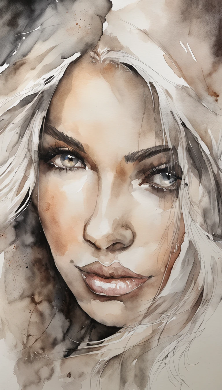 An enlarged view of a woman's face, capturado em cores Muito um Live,Uma linda rosa grande no cabelo, Com brilho, His eyes looked directly at the viewer with an intense expression, his features etched with a sense of mystery and fascination, cercado por pancadas de neblina, adding an ethereal touch, escultura, carved from marble