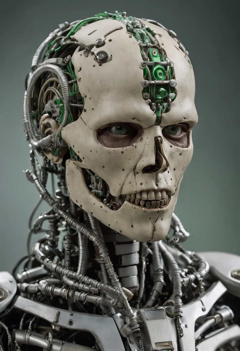 ex military agent with robotic face, eye is a nuclear piece attached to brain, mouth is made of chains and gears, neck made of square and triangular gears that constantly move, half of face is normal human face, hair is replaced with titanium skull made of green ivory, sculpted into a spear, looks lonely and lost, fearful of the future, stares blankly straight ahead, neither man nor woman