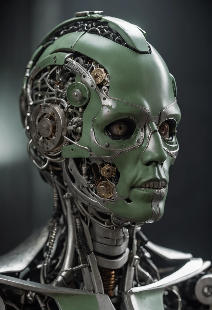 ex military agent with robotic face, eye is a nuclear piece attached to brain, mouth is made of chains and gears, neck made of square and triangular gears that constantly move, half of face is normal human face, hair is replaced with titanium skull made of green ivory, sculpted into a spear, looks lonely and lost, fearful of the future, stares blankly straight ahead, neither man nor woman