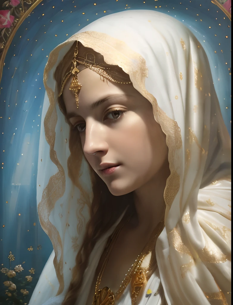 (((Saint Virgin Mary. 19 years olinetic style))) ((( Con una cara seria y piadosa. Con una mirada dulce y tierna))) (obra maestra, calidad superior, mejor calidad, arte oficial, beautiful and aesthetic: 1.2), (1girl), extremadamente detallado, (Arte fractal: 1.3), colorido, highest detailed, Cara perfecta, parte superior del cuerpo, HDR, (orando: 1.3), (golden lines of white coat: 1.2), galaxia, (rayas de luz), eye-catching visuals, (dynamic stripes, senderos luminosos: 1.2), colores vibrantes,