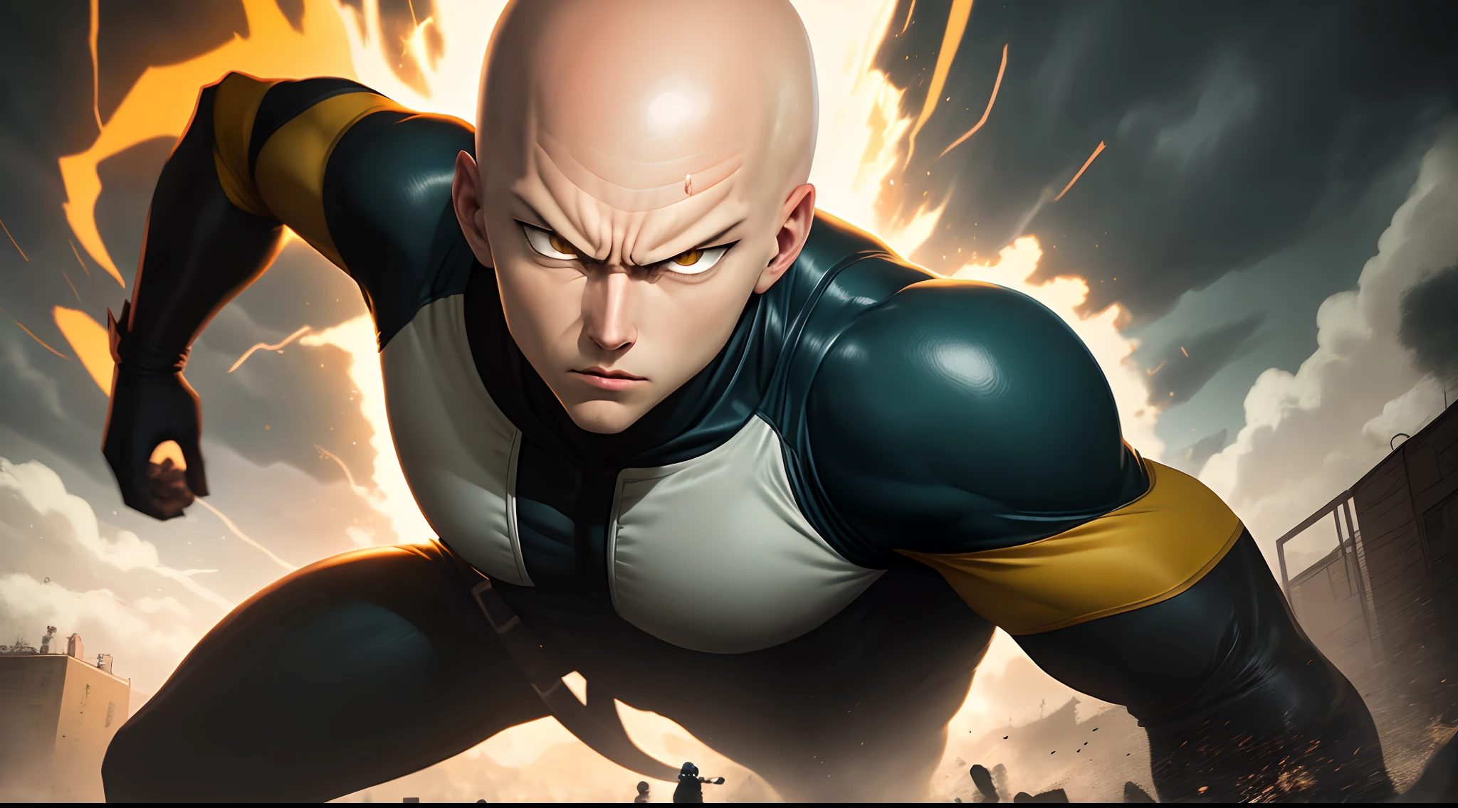 Create a striking image featuring the character Saitama from 'One Punch Man.' Saitama should be portrayed in an aggressive stance, exuding a sense of power and intensity. He should be positioned in the foreground, holding an aggressive look, while the background showcases a vibrant gradient of yellow and orange hues, creating a dynamic and energetic atmosphere. In the distance, a town can be seen, adding depth to the image. The lighting should be balanced throughout the entire scene, ensuring that the character and the background blend seamlessly. To enhance the visual impact, incorporate a subtle shadow ninja vibe, adding an element of mystery and intrigue to the composition."