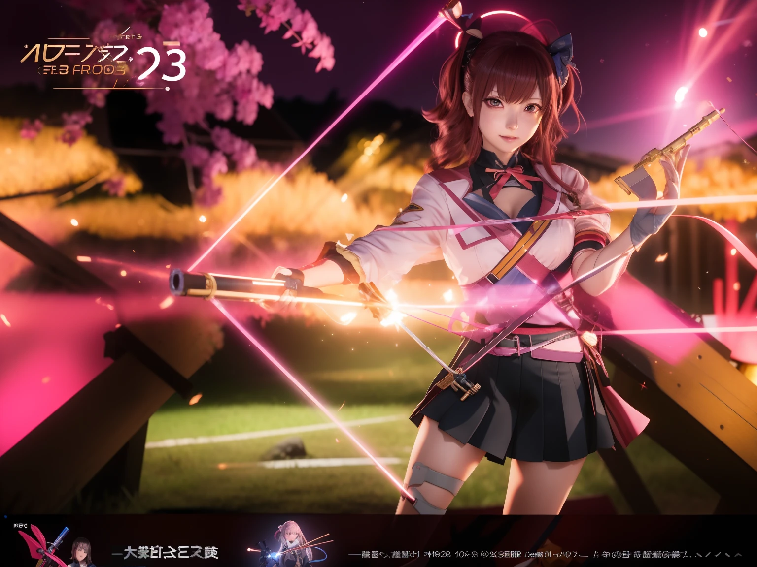 a close up of a person holding a bow and a light, chiaki nanami from danganronpa, official artwork, katana zero video game character, m4 sopmod ii girls frontline, rin, anime styled 3d, high detailed official artwork, yayoi kasuma, junko enoshima from danganronpa, game cg, e-girl