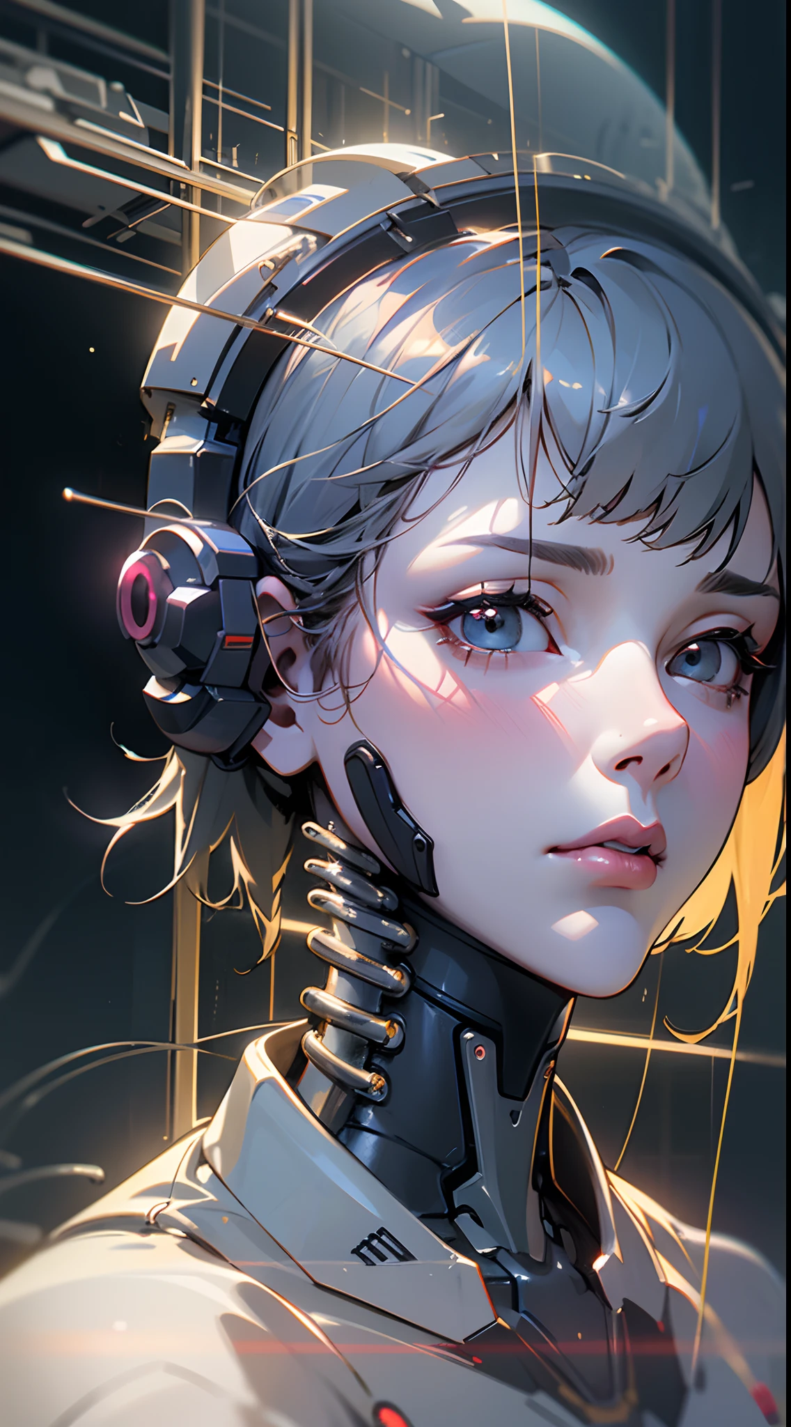 Top Quality, Masterpiece, Ultra High Resolution, ((Photorealistic: 1.4), Raw Photo, 1 cyberpunk android Girl, ((portrait)), Glossy Skin, (Ultra Realistic Details)), transparent plastic covering mechanical limbs, tubes connected to the mechanical parts, mechanical vertebrae attached to the spine, mechanical cervical attachment to the neck, wires and cables connecting to the head, Evangelion, ((Ghost in the Shell)), small glowing LED lamps, global lighting, deep shadows, Octane Rendering, 8K, Ultra Sharp, Metal, Intricate Ornament Details, baroque details, Very intricate details, realistic light, CGSoation trend, facing the camera, neon details, (android manufactory in background), art by H.R. Giger and Alphonse Mucha.