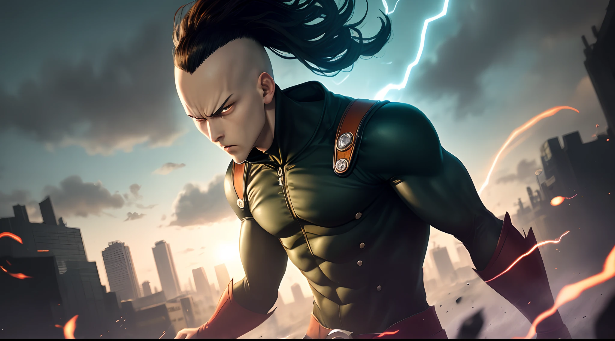 Create a striking image featuring the character Saitama from 'One Punch Man.' Saitama should be portrayed in an aggressive stance, exuding a sense of power and intensity. He should be positioned in the foreground, holding an aggressive look, while the background showcases a vibrant gradient of yellow and orange hues, creating a dynamic and energetic atmosphere. In the distance, a town can be seen, adding depth to the image. The lighting should be balanced throughout the entire scene, ensuring that the character and the background blend seamlessly. To enhance the visual impact, incorporate a subtle shadow ninja vibe, adding an element of mystery and intrigue to the composition."