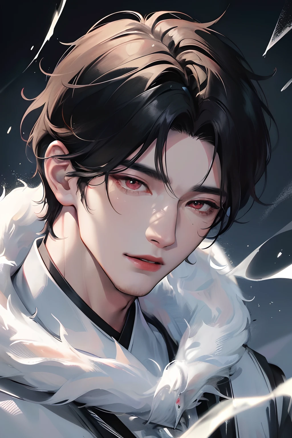 official art, masterpiece, 1 boy, 1 man, 1 male, a man, sharp focus, (Korean man:1.3), (handsome man korean:1.3), korean handsome, Delicate and manly hair and eyes and face, realistic, ultra detailed, handsome man, glow white particle, (sidelighting:1.2), scenery, black hair, cool expression, dynamic hair, detailed black hair, glow red eyes, sexy, in the dark, deep shadow, low key, cold light, dynamic light, cinematic lighting, cinematic lighting, mature man, face closeup, face detail, red lips detail, very detail eyes, detail faces, face detail, detail, utra detail, very detail, highly detail,
