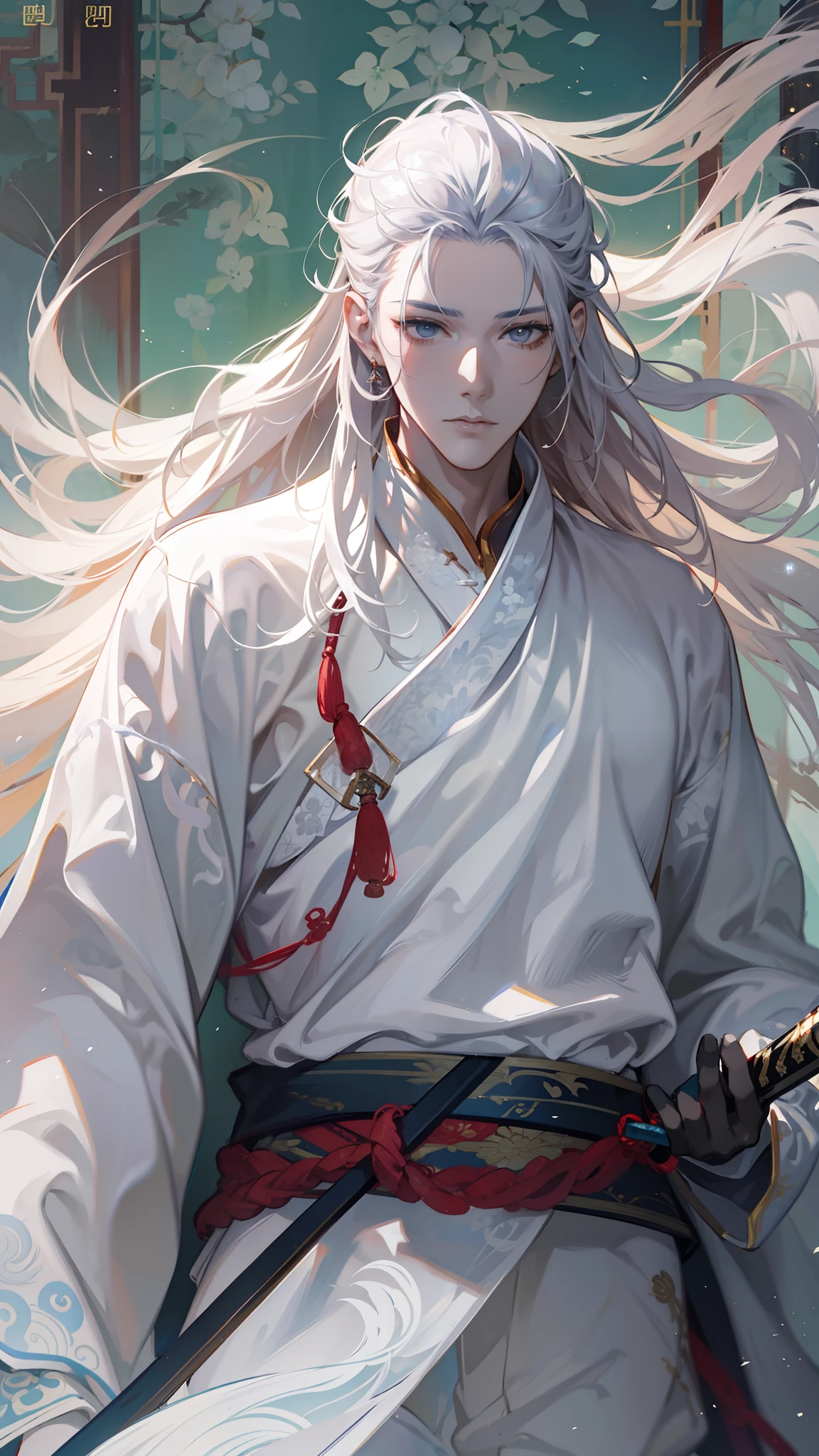 Close-up of a man in a white dress holding a sword,a character portrait by Yang J,The popularity of CGsociety,Fantasyart,Beautiful character painting,Guviz-style artwork,Guvitz,White Hanfu,Flowing white robe,full-body wuxia,epic exquisite character art,Stunning character art,Cold male assassin