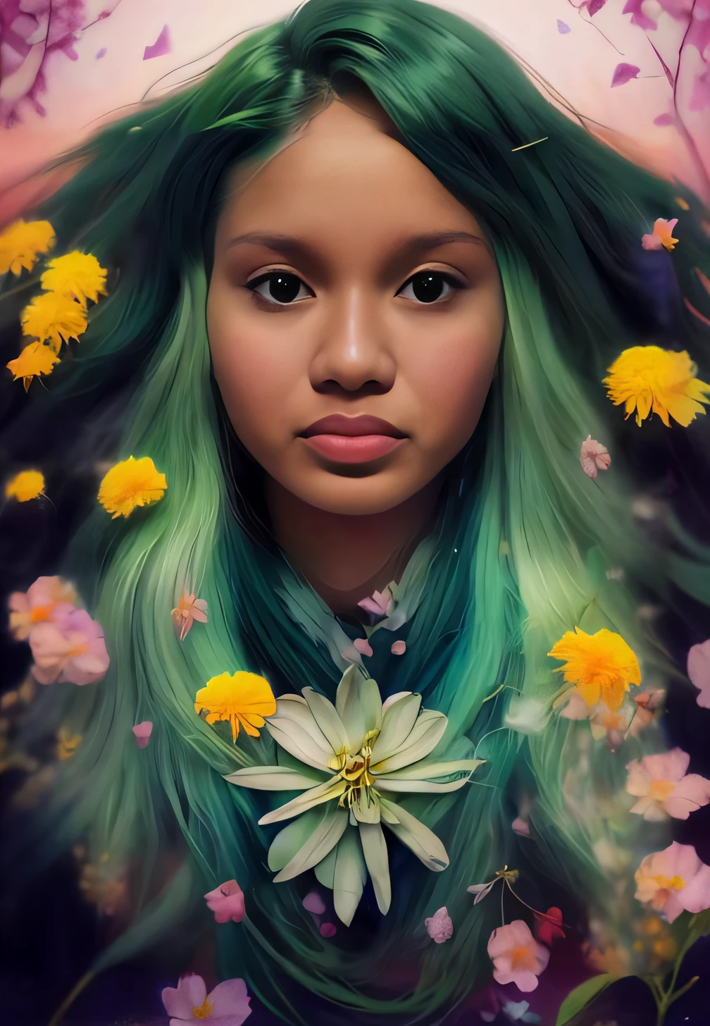 um close up de uma menina com cabelo verde e flores, Retrato da tempestade da flor, green flowing hair, No estilo de Anna Dittmann, inspirado em Anna Dittmann, Floeers no cabelo, Loish e Ross Tran, cabelo de penas verdes, deusa flor, retrato colorido, cabelos verdes, lindo pintura digital, arte bonita, feito de flores