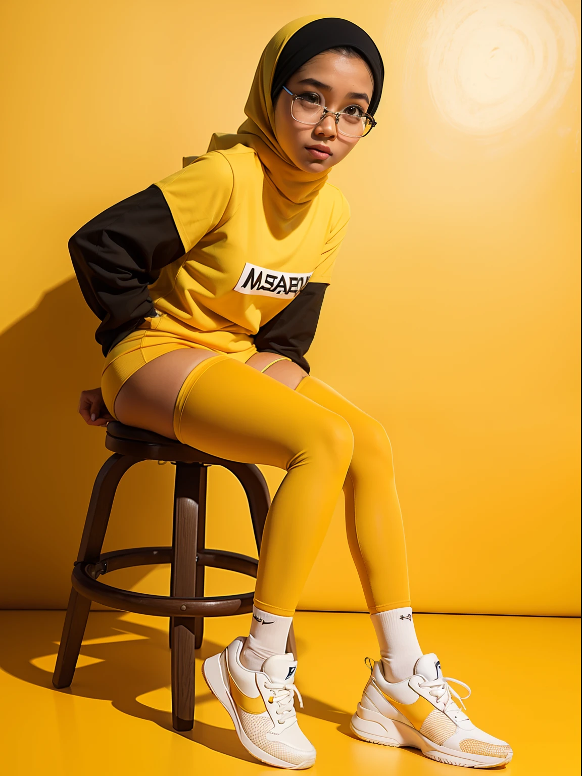 Malay woman naked in front of a yellow background seating on a high studio stool, glasses, hijab, white sneakers, high to knee socks, mira filzah, perfect body, full body photography, photo of young malay woman, full shot portrait, in yellow background,