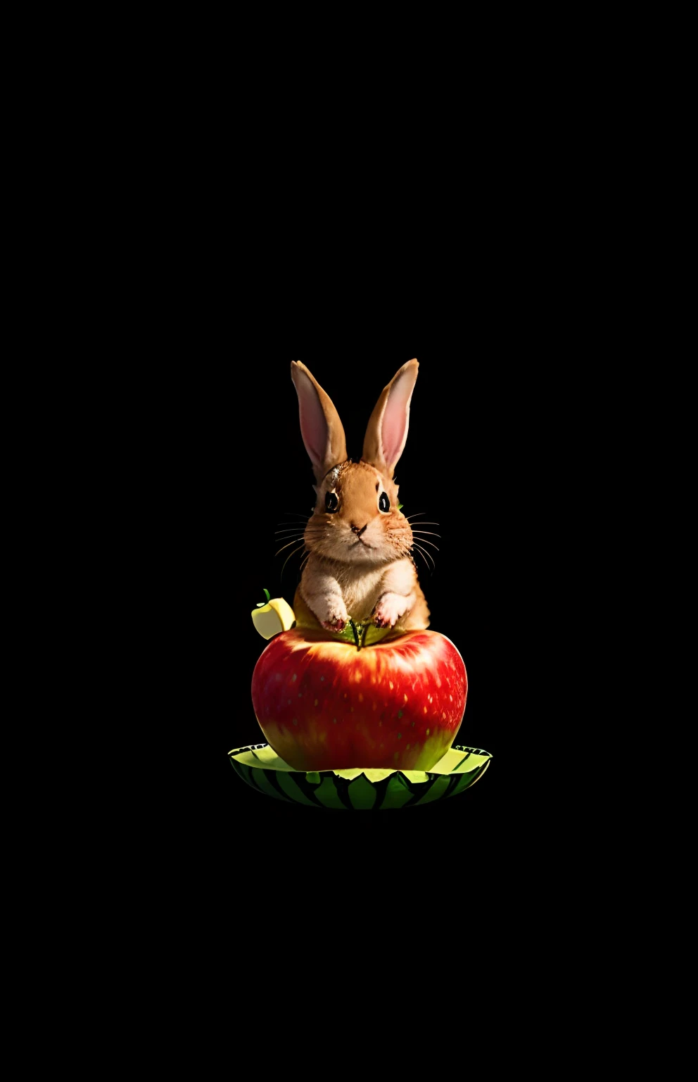 : 3. bunny, realistic, furry animal, apple, black eye, blush, cherry, food, fruit, full body, hat, non-human, strawberry, tomato, watermelon