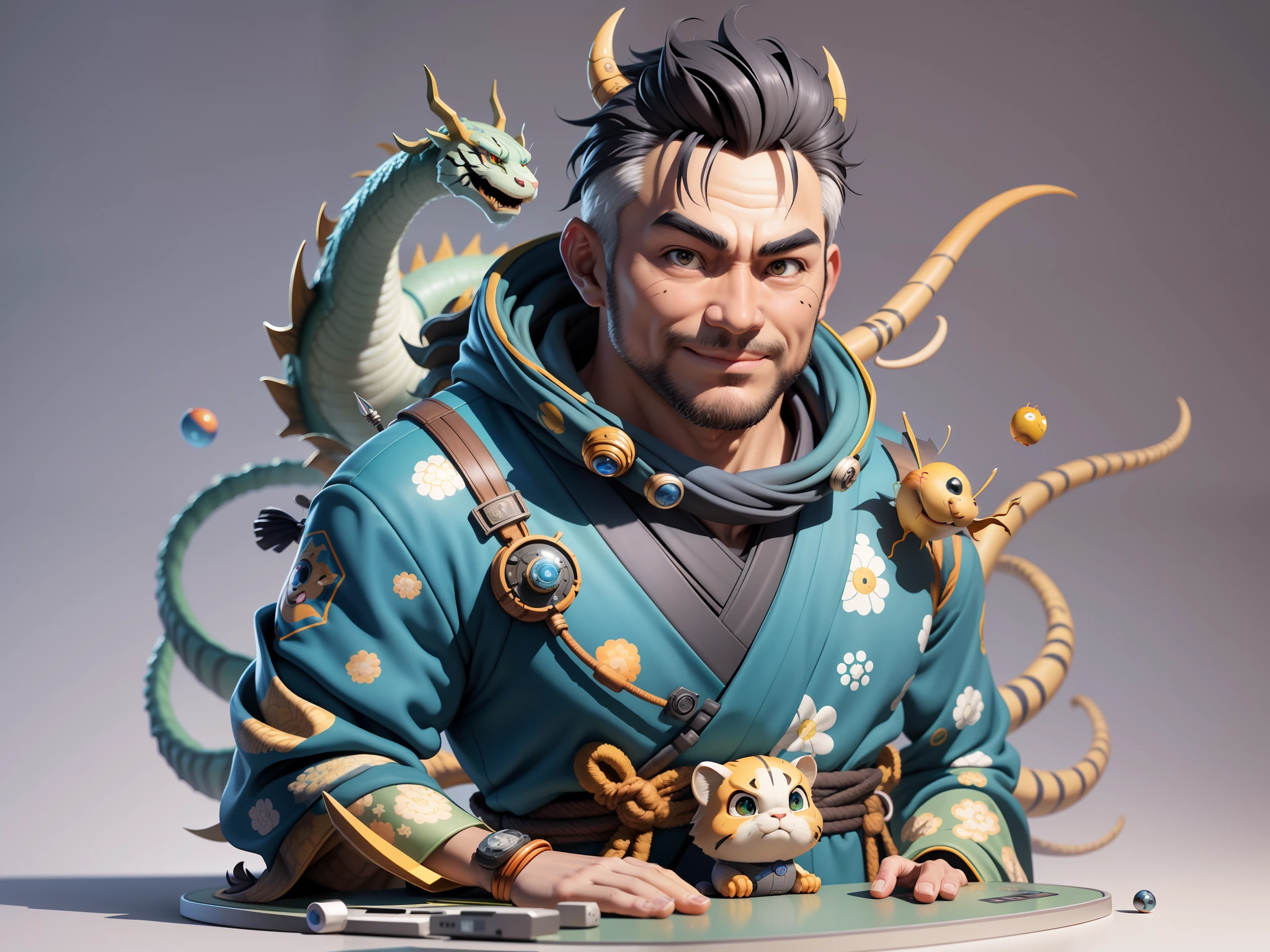 (Masterpiece), (Excellent), (Super Meticulous), (Full Body: 1.2), Super Young Man, Oriental Face, Japanese Kimono, Japanese Wind Thunder God, Dragon, Tiger, TV Anchor, Bust Portrait Illustration, Alone, Black Suit, Blue Tie, Slightly Chubby Face, Very Clean Face, No Beard, Black Super Short Hair, Black Eyes, Confident Smile, 3c Computer Sub-Products, iPad, iPhone, Digital Painting, 3D Character Design by Akira Toriyama and Mark Claireden and Pixar and Hayao Miyazaki, The illustration is a high-definition illustration in 4K resolution with very detailed facial features and cartoon-style visuals.