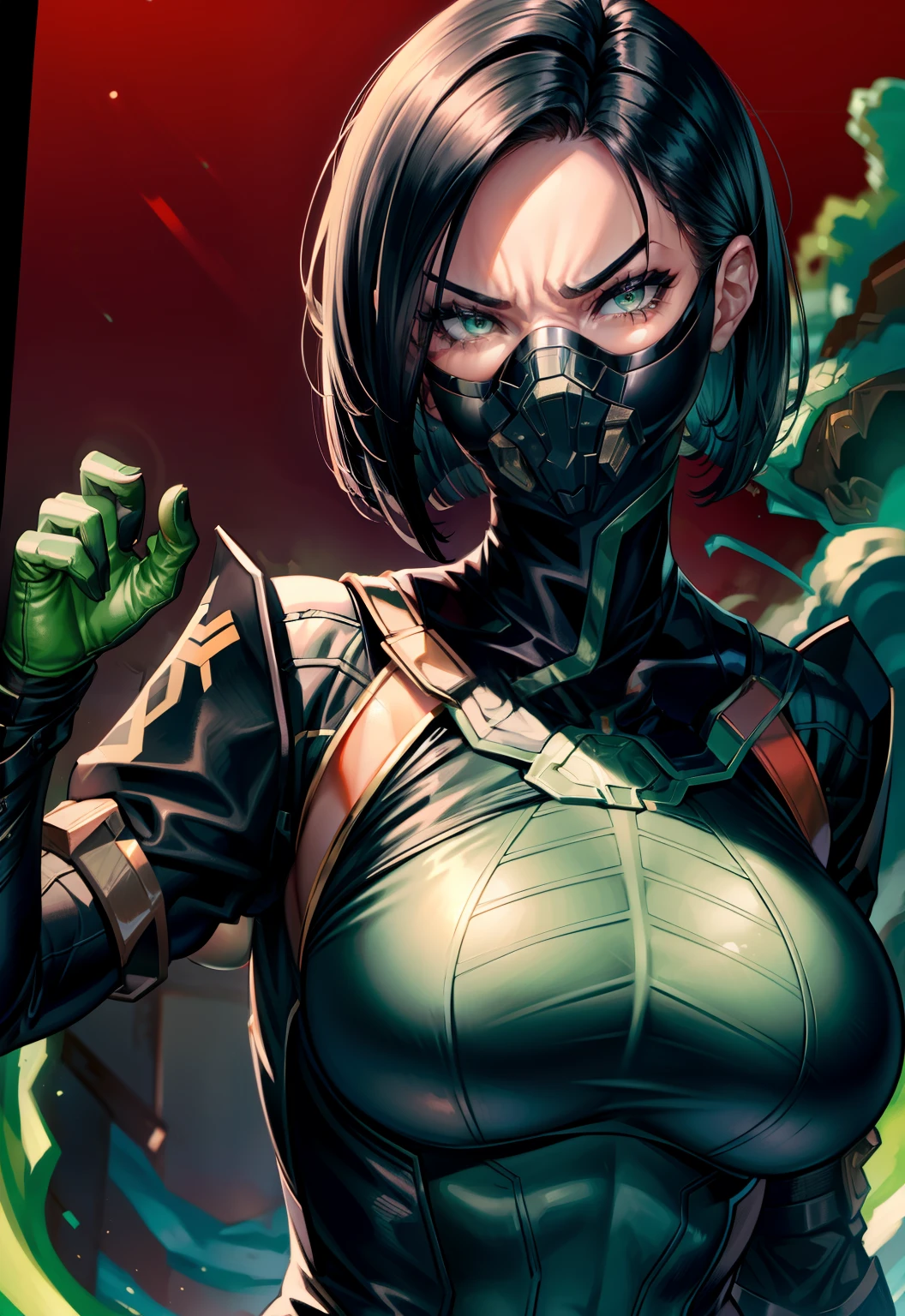 Masterpiece, Best quality,Look at the woman from below ，《Fearless viper》, tightsuit, mitts, belt, thigh boots, respirator, view the viewer, face, Portrait, Close-up, Red-faced，Glowing eyes, green smoke, Black background,huge tit，Raised chest，Close-up of chest，oversized boobs，chest focus，Woman in a swimsuit，angry look，Extremely erotic figure，Staring angrily at the screen，Facing the screen，High-gloss dark style