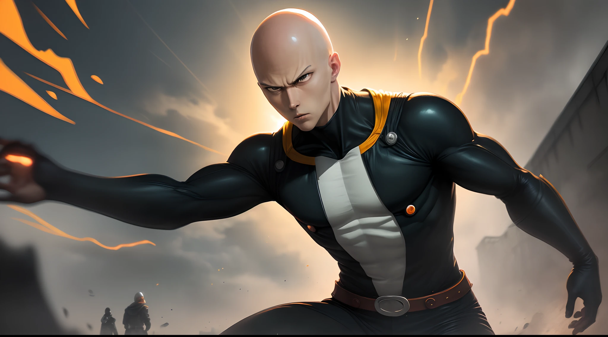 Create a striking image featuring the character Saitama from 'One Punch Man.' Saitama should be portrayed in an aggressive stance, exuding a sense of power and intensity. He should be positioned in the foreground, holding an aggressive look, while the background showcases a vibrant gradient of yellow and orange hues, creating a dynamic and energetic atmosphere. In the distance, a town can be seen, adding depth to the image. The lighting should be balanced throughout the entire scene, ensuring that the character and the background blend seamlessly. To enhance the visual impact, incorporate a subtle shadow ninja vibe, adding an element of mystery and intrigue to the composition."