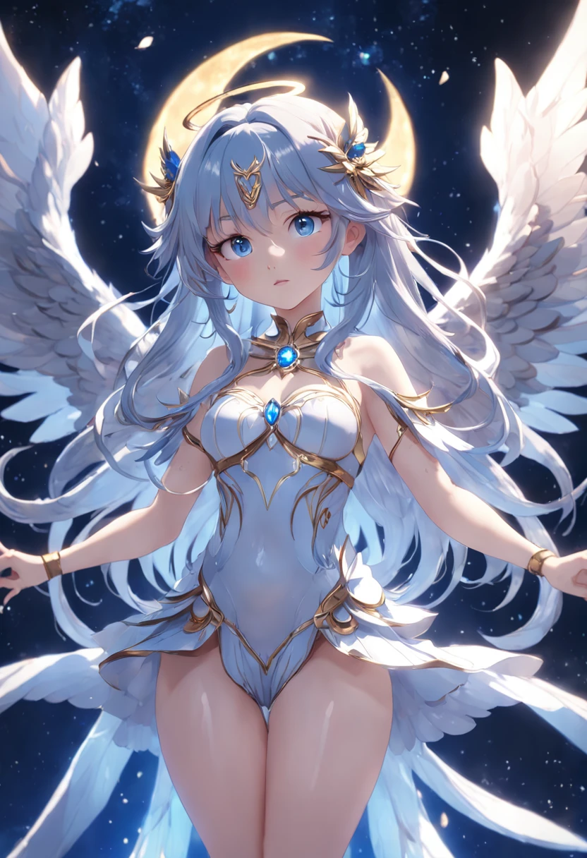 Adorned young goddess of the moon with shiny hair in a sparkling dark blue fantasy moon scour with wings and soft features, Dunkelblaue funkelnde Augen, white glowing angel wings, helle Lichter und Funken, Anime Goddess, Unreal-Engine-Rendering + a goddess, 3-D-Rendercharakter Kunst 8 K, render of a cute 3d anime girl, Artgerm, 3D-Unreal-Engine, Anime sehr detailliert, 8k hochwertige detaillierte Kunst, Goddess. Extrem hohe Detailgenauigkeit, photorealistic anime girl render, Goddess of Light, silbernes Diamantdiadem auf dem Kopf
