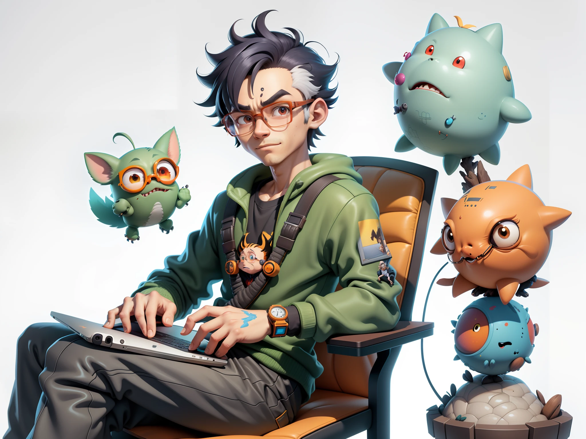A young man with glasses sits at his desk，holding laptop，digitial painting，3D character design by Mark Clairen and Pixar and Hayao Miyazaki and Akira Toriyama，4K HD illustration，Very detailed facial features and cartoon-style visuals。