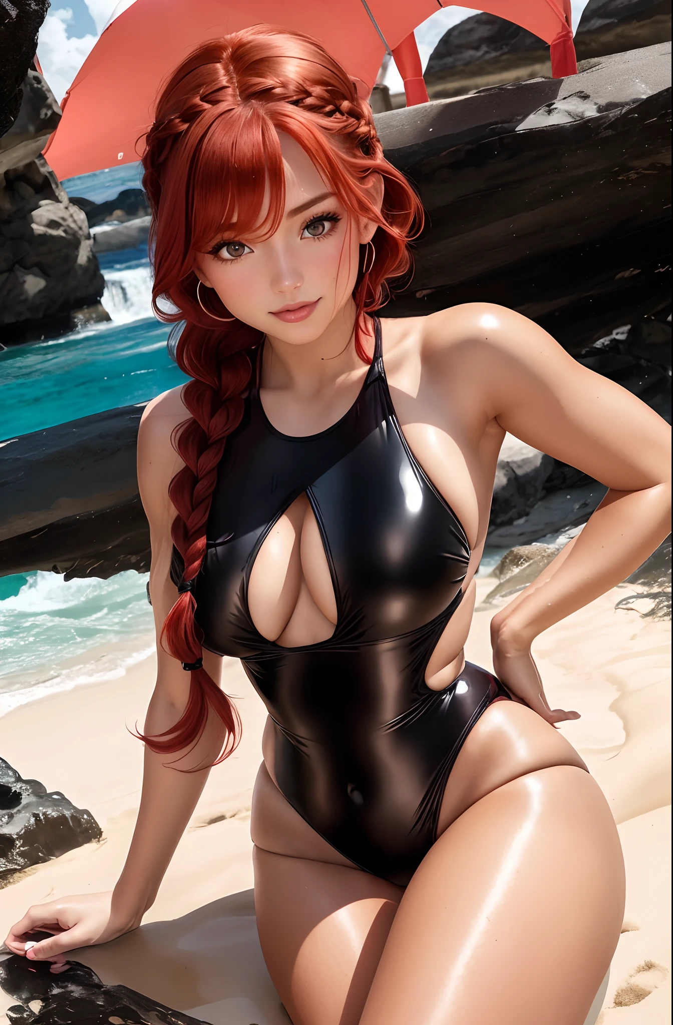 There's a red-haired woman in braids in a black and pink latex swimsuit posing on the edge of a beach, wet swimsuit, roupa de banho, is wearing a swimsuit, menina bonito vestindo o terno do tanque, corpo perfeito, seios grandes, corpo perfeito fotorrealista, swimsuit model, vestindo malha, corpo sexy, bswimsuit, in retro swimsuit, corpo atraente, deusa, corpo e rosto perfeitos, corpo e rosto sexy, rosto e corpo perfeitos, Ranma Chan, redhead with braid, short, red hair and braids, taken with sony a7r camera, beautiful lighting, plano de fundo claro e iluminado, redhead with braid, belos seios