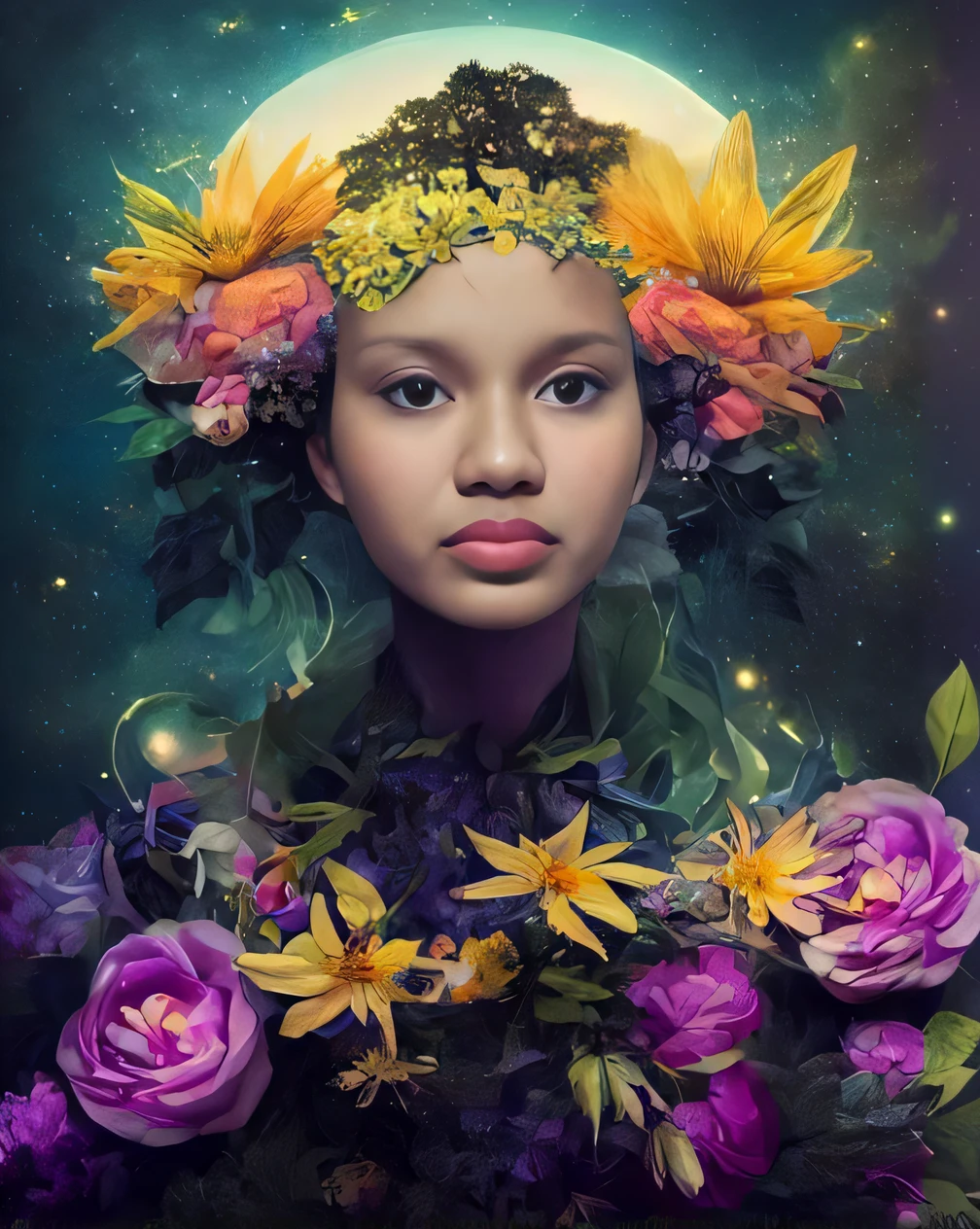 uma mulher com flores no cabelo e uma lua no fundo, deusa flor, Retrato da tempestade da flor, Beeple e Jeremias Ketner, rainha da flor, retrato bonito da fantasia, retrato da fantasia, retrato bonito da arte da fantasia, space flower fairy, feito de flores, ela tem uma coroa de flores, mulher nas flores, retrato surreal bonito, lindo arte digital, bela arte digital