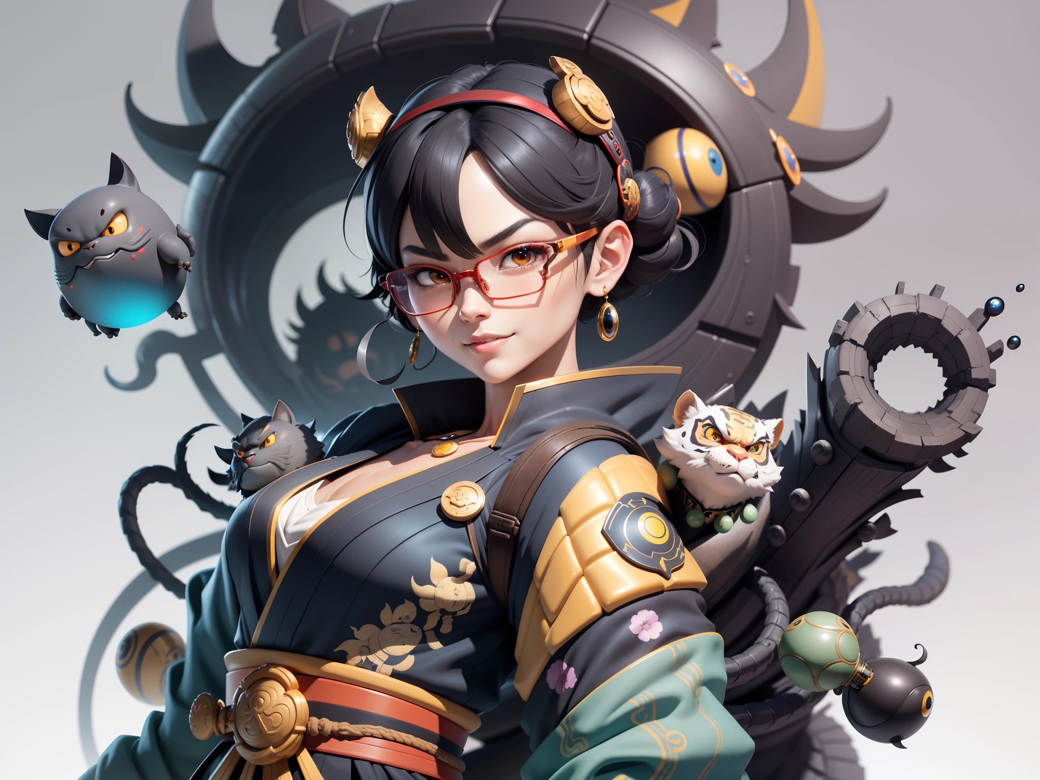 (Masterpiece), (Excellent), (Super Meticulous), (Full Body: 1.2), Super Young Man with Japanese Female Geisha, Pretty, Beautiful, Chinese Dragon, Tiger, Wind God Thor, Sexy, Bursting, Oriental Face, TV Anchor, Bust Portrait Illustration, Black Suit, Blue Tie, Slightly Chubby Face, Silver Glasses, Very Clean Face, No Beard on Chin, Black Super Short Hair, Black Eyes, Confident Smile, 3c Computer Sub-Products, iPad, iPhone, Digital Painting, 3D character design by Mark Clairedon and Pixar and Hayao Miyazaki and Akira Toriyama, the illustrations are HD illustrations in 4K resolution with highly detailed facial features and cartoon-style visuals.