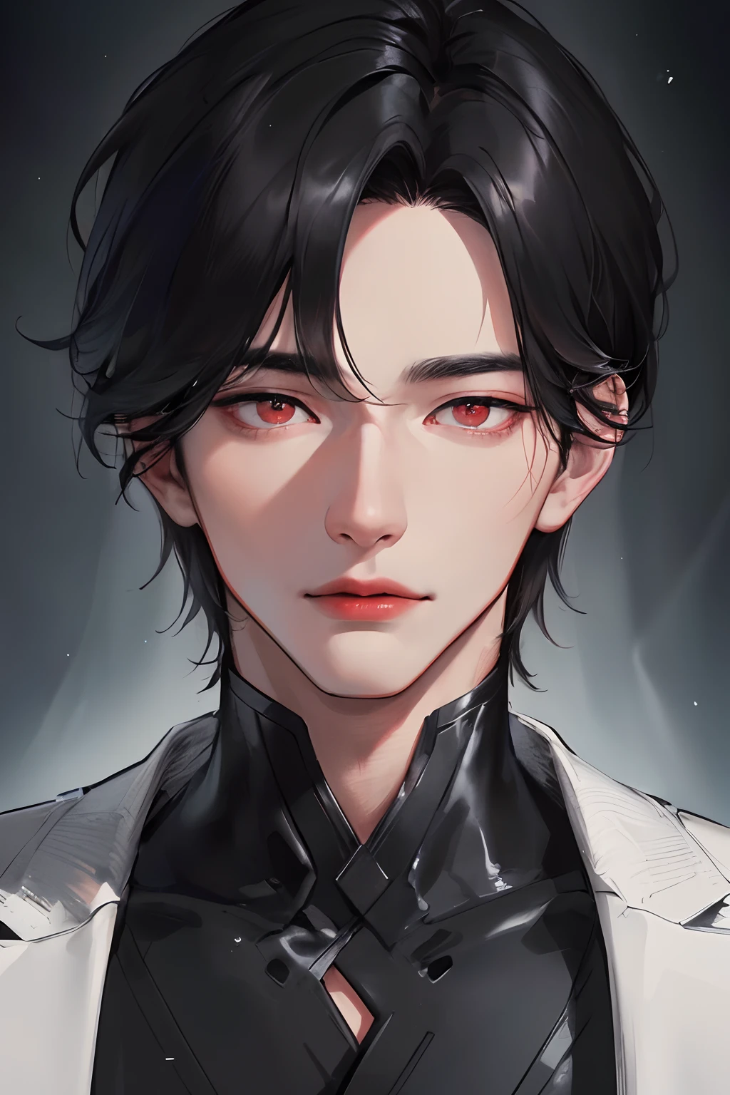 official art, masterpiece, 1 boy, 1 man, 1 male, a man, sharp focus, (Korean man:1.3), (handsome man korean:1.3), korean handsome, Delicate and manly hair and eyes and face, realistic, ultra detailed, handsome man, glow white particle, (sidelighting:1.2), scenery, black hair, cool expression, dynamic hair, detailed black hair, glow red eyes, sexy, in the dark, deep shadow, low key, cold light, dynamic light, cinematic lighting, cinematic lighting, mature man, face closeup, face detail, red lips detail, very detail eyes, detail faces, face detail, detail, utra detail, very detail, highly detail, ultra detail,