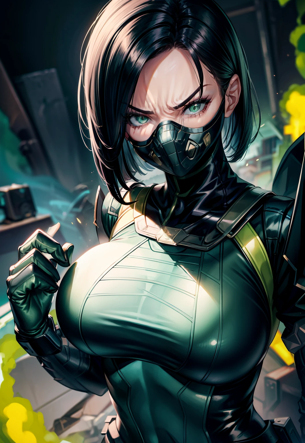 Masterpiece, Best quality,Look at the woman from below ，《Fearless viper》, tightsuit, mitts, belt, thigh boots, respirator, view the viewer, face, Portrait, Close-up, Red-faced，Glowing eyes, green smoke, Black background,huge tit，Raised chest，Close-up of chest，oversized boobs，chest focus，Woman in a swimsuit，angry look，Extremely erotic figure，Staring angrily at the screen，Facing the screen，High-gloss dark style