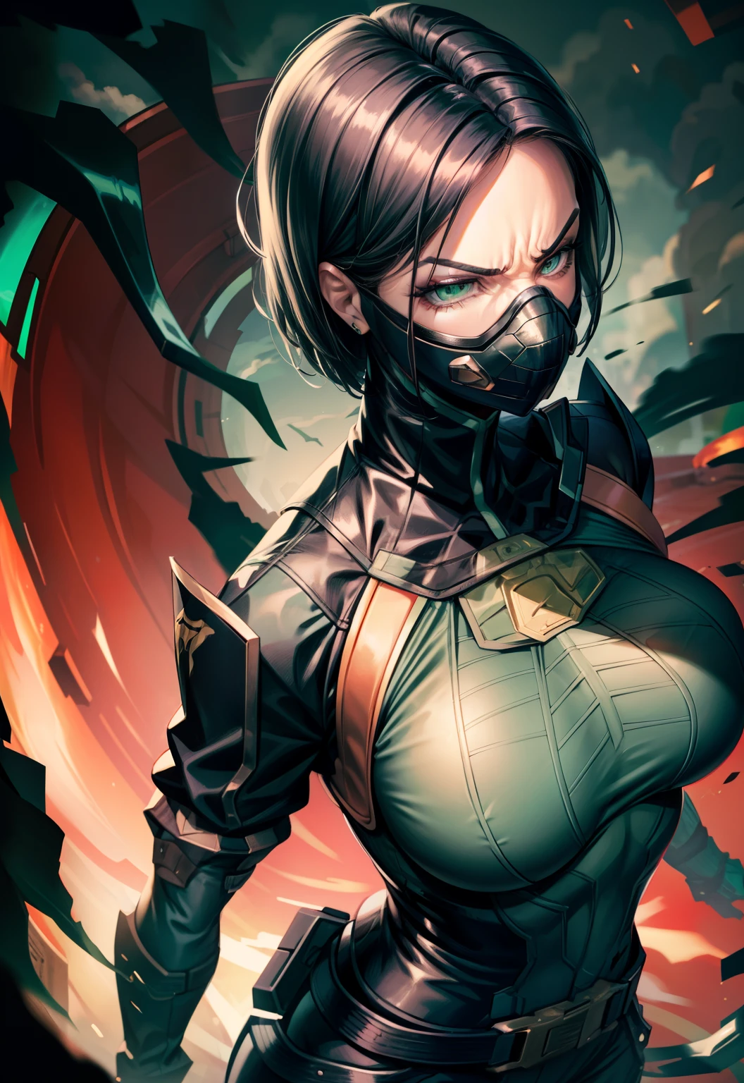 Masterpiece, Best quality,Look at the woman from below ,《Fearless viper》, tightsuit, mitts, belt, thigh boots, respirator, view the viewer, face, Portrait, Close-up, Red-faced,Glowing eyes, green smoke, Black background,huge tit,Raised chest,Close-up of chest,oversized boobs,chest focus,Woman in a swimsuit,angry look,Extremely erotic figure,Staring angrily at the screen,Facing the screen,High-gloss dark style