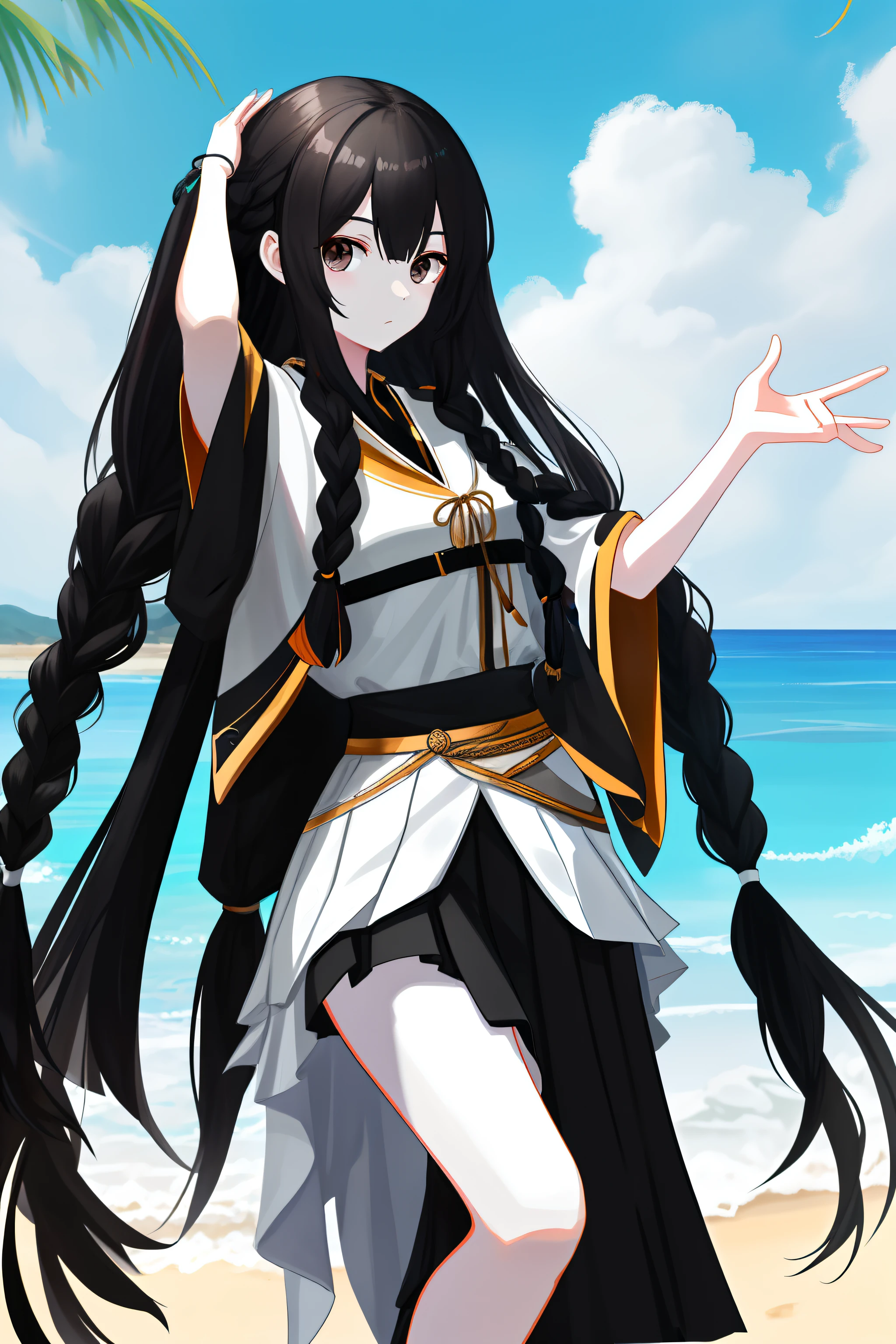 Kizi,long braid,black color hair,White-colored skin,full bodyesbian,a skirt,Black eyes,beachside,Need,tmasterpiece