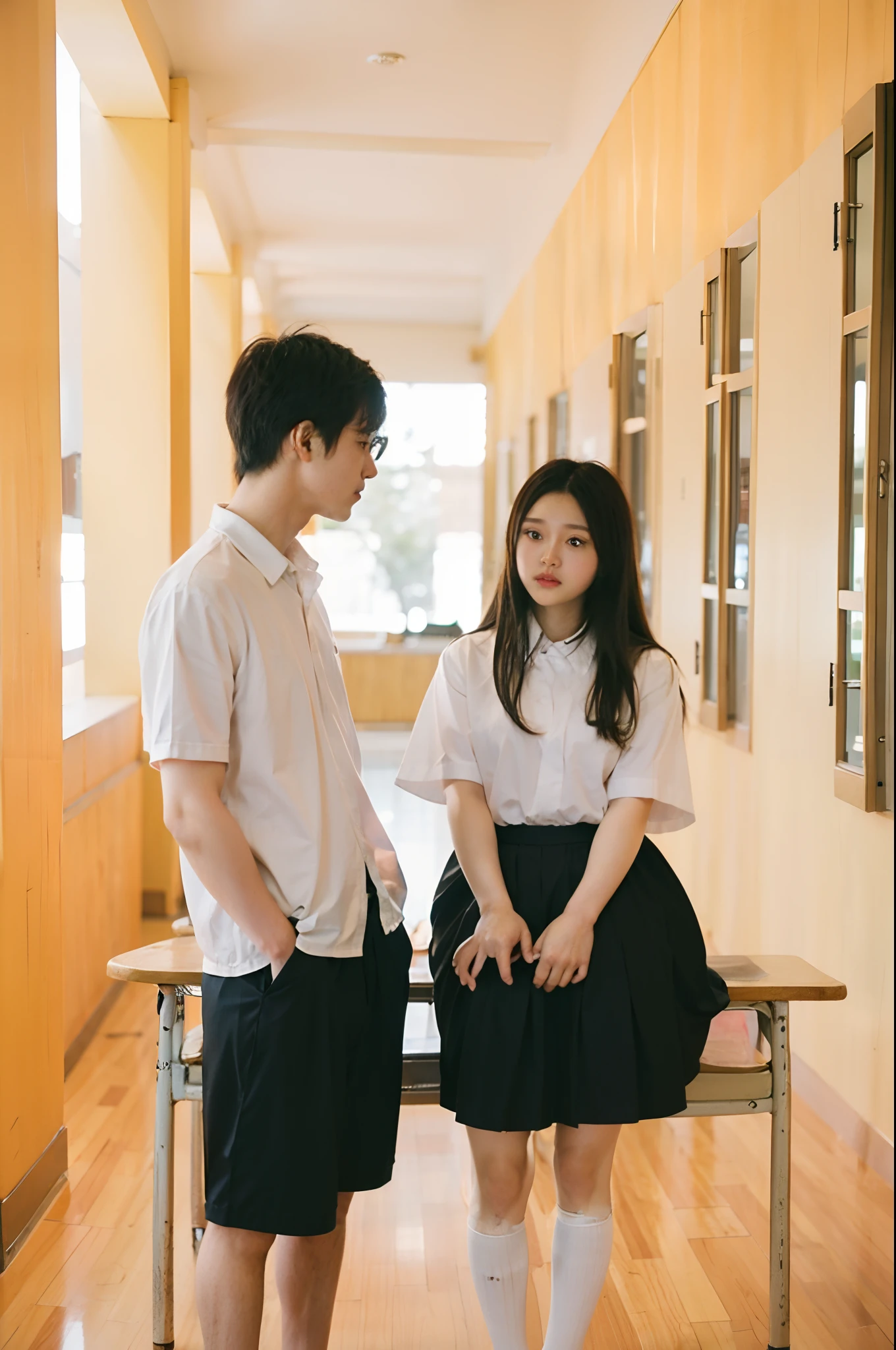 there are two people standing next to each other in a hallway, looking at each other mindlessly, wearing school uniform, wearing a school uniform, still from a movie, boy and girl are the focus, high quality film still, standing in class, scene from a movie, still from the movie, mid shot portrait, wearing japanese school uniform, student