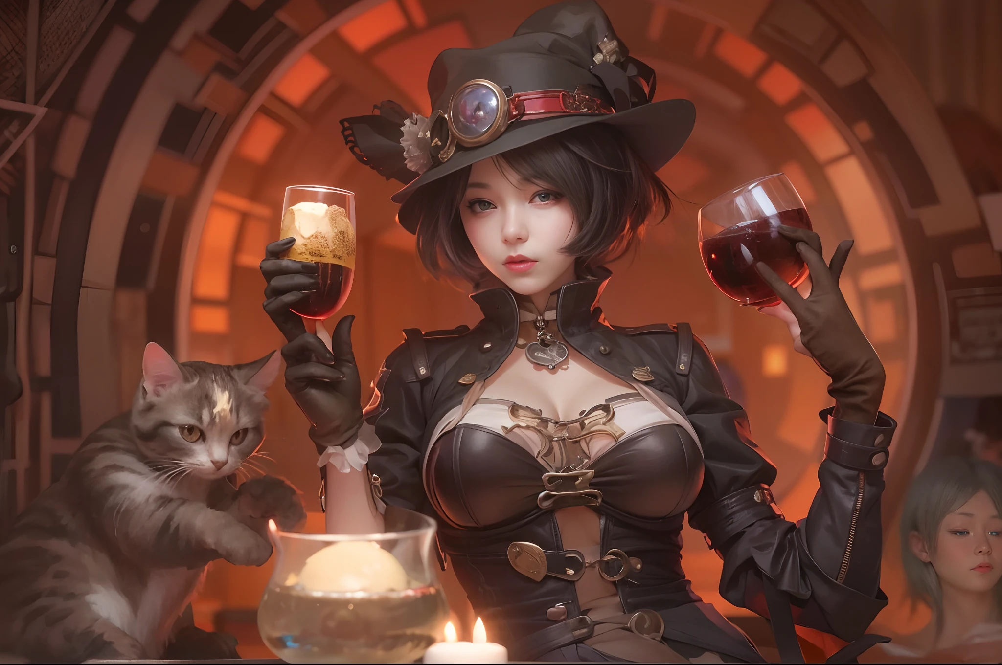 there are 2 girls in a cat suit holding a glas of red wine, steampunk catgirl, candle light, steampunk beautiful anime woman, smal breasts, Art Deco, wlop and sakimichan, ruan jia and artgerm, range murata and artgerm, artwork in the style of guweiz, masayoshi suto and artgerm, like lady mechanika