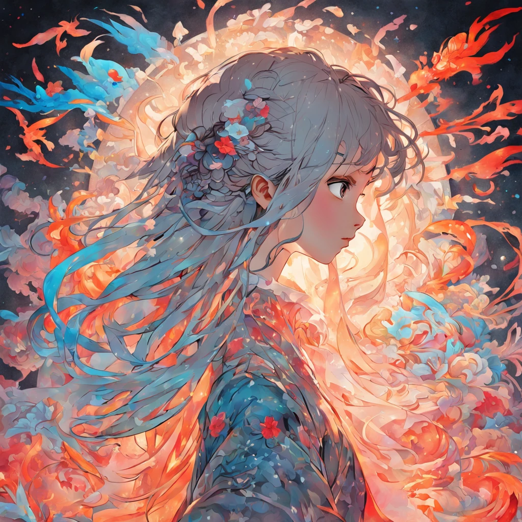 (White background:1.4),(Silhouette of a girl's head, Eyes closed, colorfull long hair, Oriental elements)，(Chinese illustration:1.3，paper art:1.3, Quilted paper art:1.2),( reasonable design, Clear lines, High sharpness,Best quality, Very detailed, Masterpiece, movie light effect, 4K )