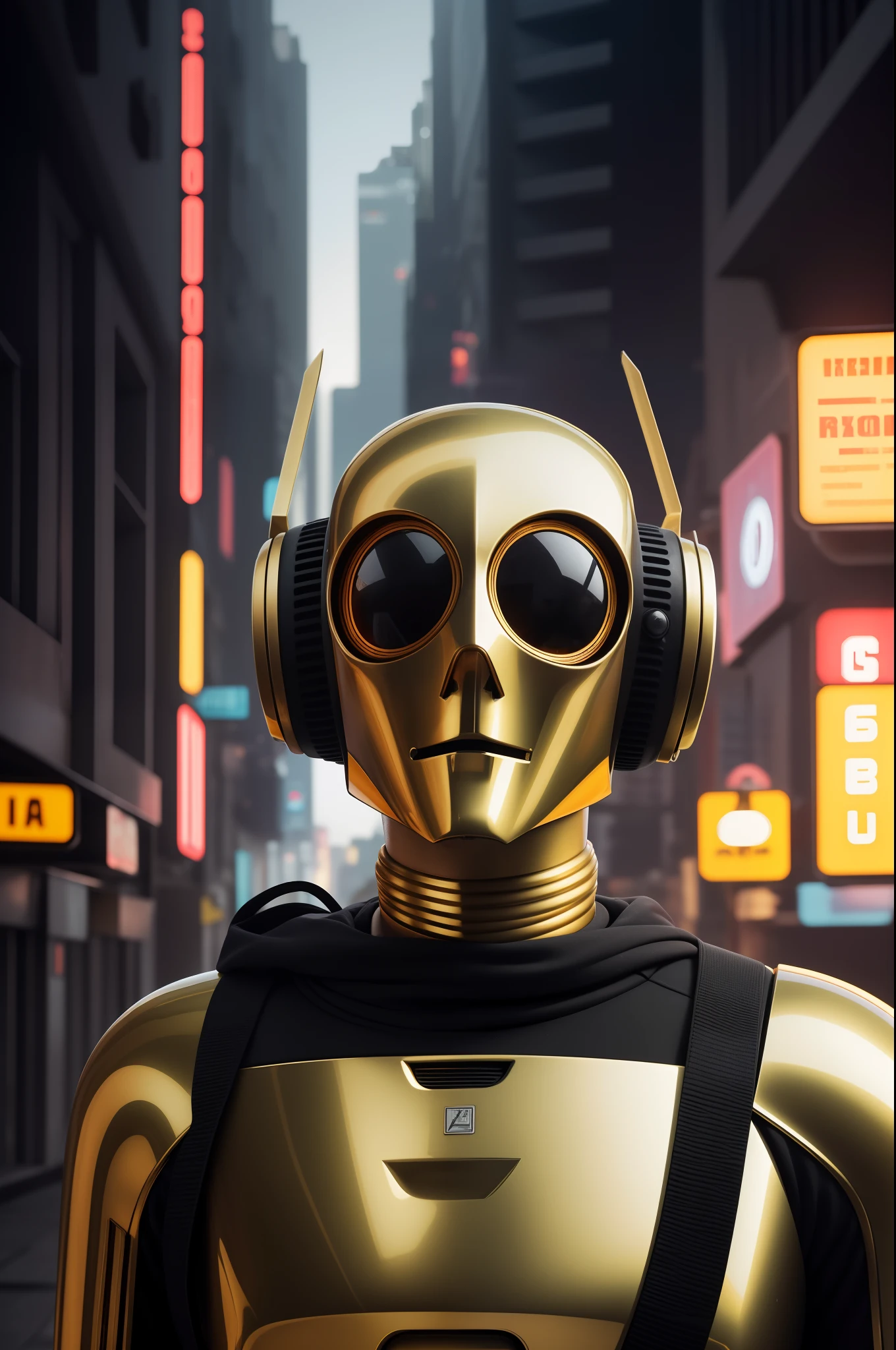 Close-up of a cyberpunk-style C3PO-type robot holding a camera in its hands covering half of its face, One of the eyes is a photography diaphragm, en el fondo hermosa ciudad cyberpunk futurista, Neon lights,, modeling photography, photography portrait 4 k, Cinematographer, high quality photograph, photography style, photography portrait, professional photo shoot, 4K portrait photography, photo session, Glamour 4K good light photography, alto contraste, alta nitidez, profundidad de campo superficial, fondo blanco liso, obra de arte, obra maestra de la mejor calidad, fotorrealista, hiperrealista, Altamente Renderizado de motor realista, Imagen central, soft illuminaotion, intimo (piel finamente detallada), textura de piel realista, Detalle extremo de la piel (poro 0.1), fotorrealista, hiperrealista, detallado, 8k, HDR, (Color suave: 1.2), profundidad de campo reducida , Luz amplia, alto contraste, Luz de fondo, destello de luz, chromatic abberation, foco nítido, Foto y color RAW