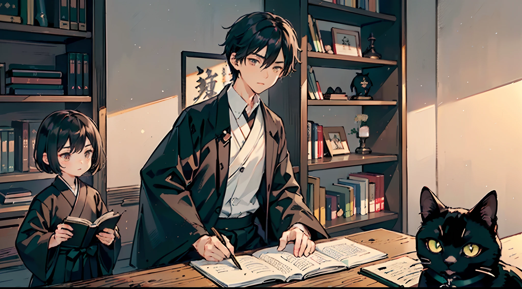 #night sky (darkness of night,no light),
#writing boy (16 male、Honor Students、A dark-haired、short-hair、hakama、white tight collar shirt,sit),
#black room at night (no light,black cat,wooden low table,one candle,pretty tatami,a lot of books,bookshelf)