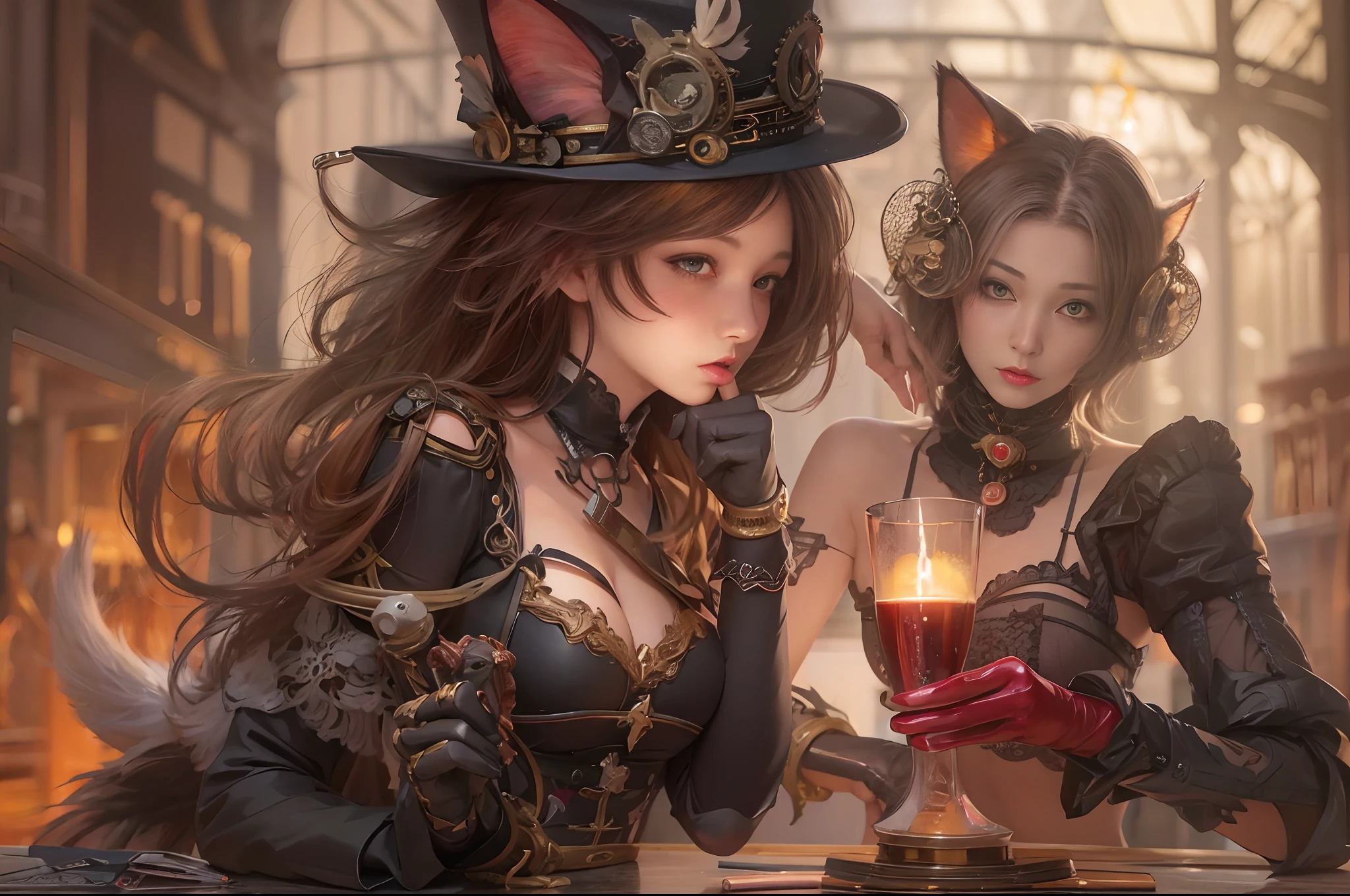 there are 2 girls in a cat suit holding a glas of red wine, steampunk catgirl, candle light, steampunk beautiful anime woman, smal breasts, Art Deco, wlop and sakimichan, ruan jia and artgerm, range murata and artgerm, artwork in the style of guweiz, masayoshi suto and artgerm, like lady mechanika