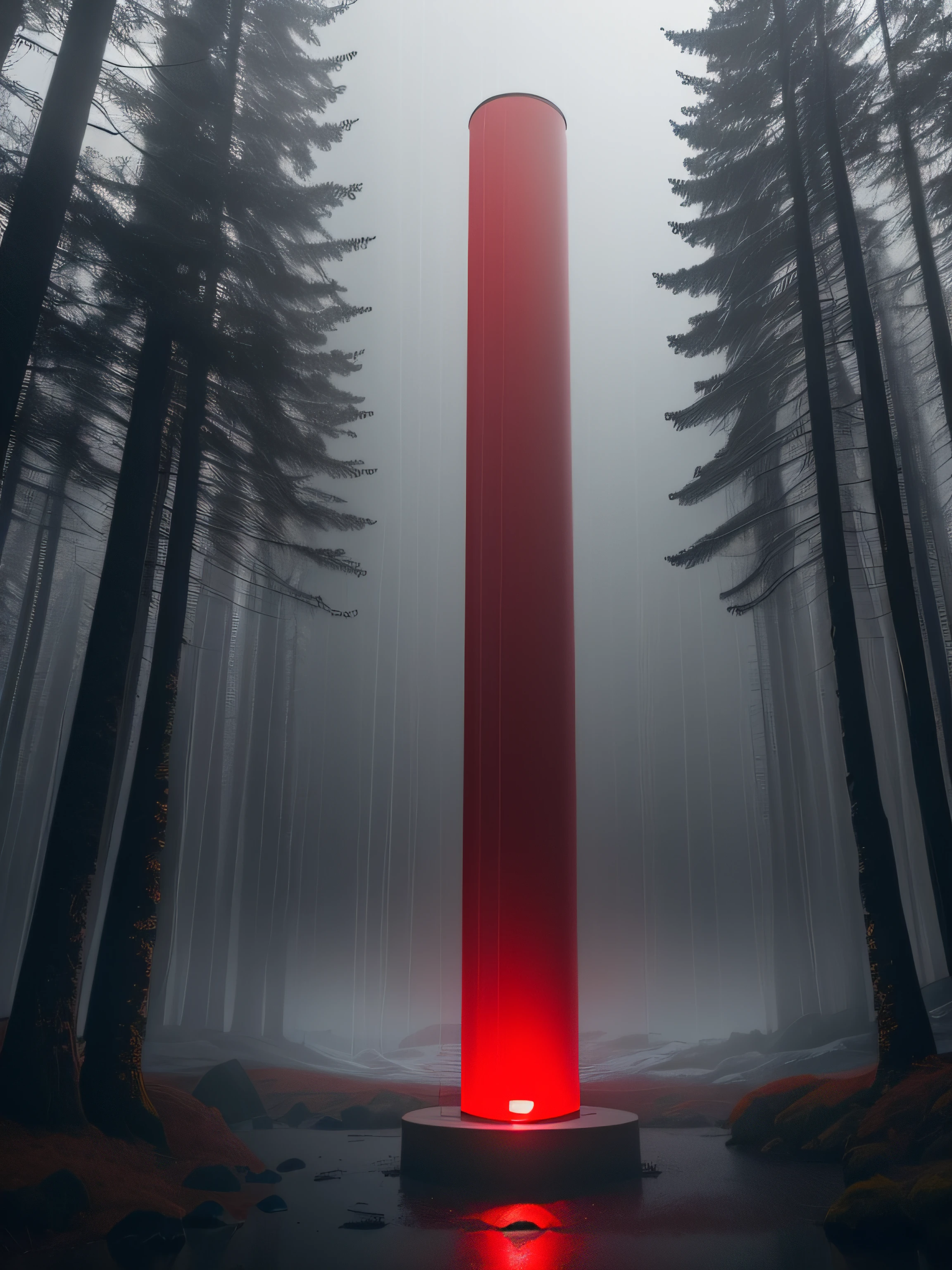 A red glowing cylinder shape, high height, in iceland, in rhe raining forest, dark theme, 8k, ultrarealistic