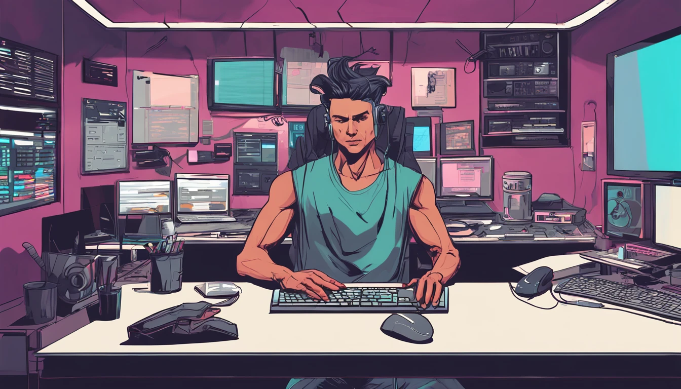 (masutepiece, of the highest quality, Best Quality, Official art, Beautiful and aesthetic:1.2),(Cyberpunk:1.4) guy in his studio in front he has his desk , on top of it the PC monitor on the left, ) ( his hands relaxing over the desk) looking to the camera,
