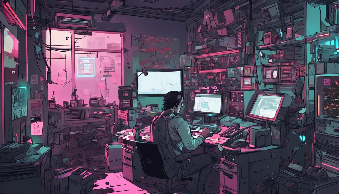 (masutepiece, of the highest quality, Best Quality, Official art, Beautiful and aesthetic:1.2),(Cyberpunk:1.4) guy in his studio in front he has his desk , on top of it the PC monitor on the left, ) ( his hands relaxing over the desk) looking to the camera,