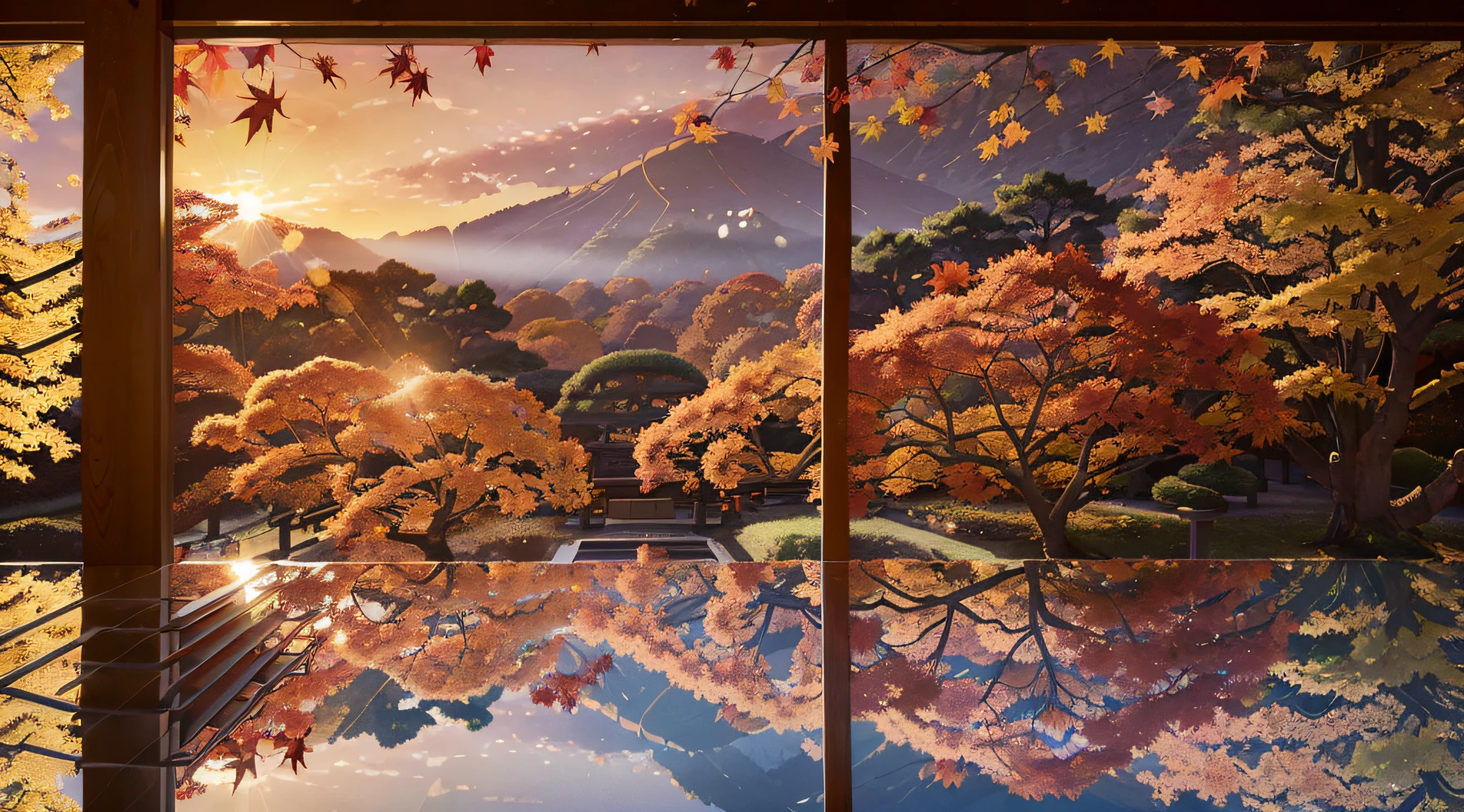 (((sunset:1.5, sunset light:1.3, moody light:1.3, cinematic light:1.3)))), An illustration of the scenery of the autumn leaves are depicted in a double layer due to the mirror reflection of Korin-in, Daitoku-ji Temple. at night, ultra-detailed, hyper-sharp, digital illustration, Place: Daitokuji Korin-in room Time: Autumn Subject: A specular reflection of autumn foliage The illustration depicts the specular reflection of autumn leaves on a table in the interior of Daitokuji Korin-in Temple. The table is in a room with a calm atmosphere like a tea room. The scenery of autumn leaves is clearly projected on the table. The scenery of autumn leaves is thought to have been seen from famous spots for autumn leaves such as the Sanmon Gate and Hojo in the precincts of Daitokuji Temple. The autumn leaves are dyed in various colors such as red, yellow, and orange, creating an atmosphere of autumn. (((In the illustration, the autumn leaves are depicted in a double layer due to the mirror reflection: 1.5))), which further emphasizes the beauty of the autumn leaves. In addition, the mirror reflection connects the interior and the landscape of the precincts, giving a sense of the depth of the space. Fittings such as shoji and fusuma in the room light from window Vividly expressing the colors of autumn leaves Emphasizing the beauty of autumn leaves by mirror reflection Expressing a space where the interior and the scenery of the precincts are connected